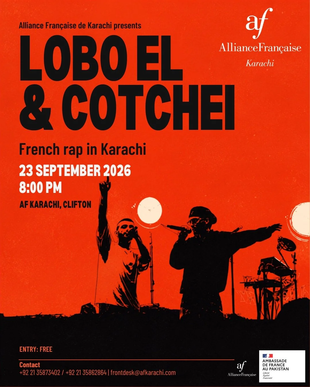 🎤 French rap meets Pakistani rap.

Get ready for an evening of freestyle, improvisation and live hip-hop as Lobo EL (@loboloboel) &amp; Cotchei (@cotchei_) take the stage at Alliance Fran&ccedil;aise de Karachi, along with a special guest!

Hosted b