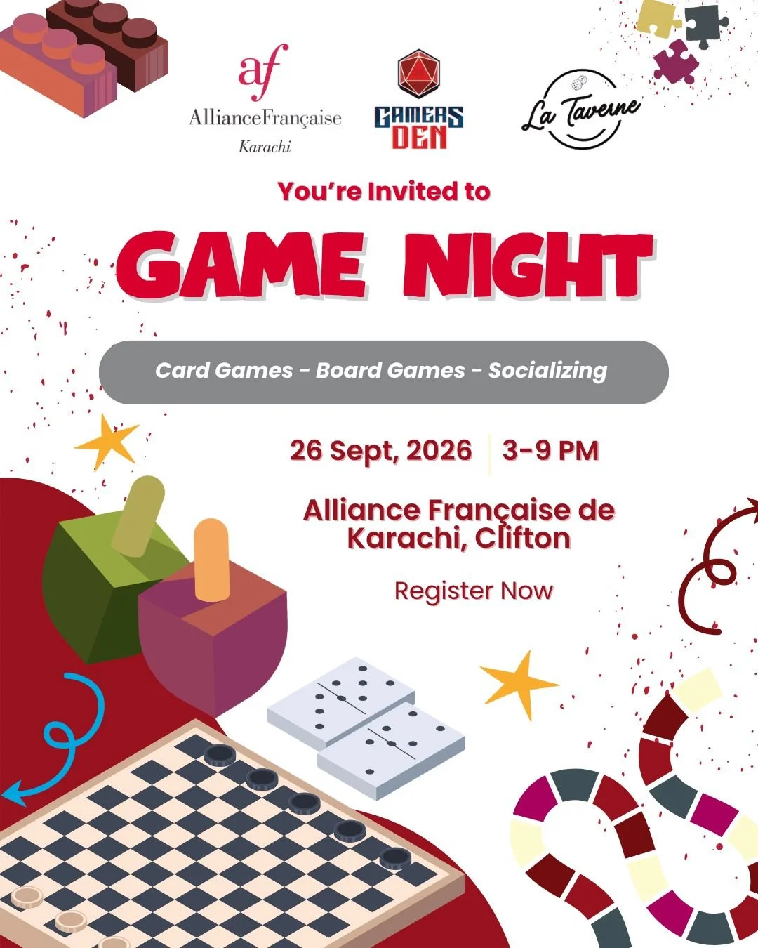 🎲 Roll the dice and make your move!

Alliance Fran&ccedil;aise de Karachi, Gamer&rsquo;s Den, and La Taverne are bringing back your favorite tabletop showdown for another epic Boardgame Day! ♟️✨

Bring your sharpest strategy, challenge your friends,