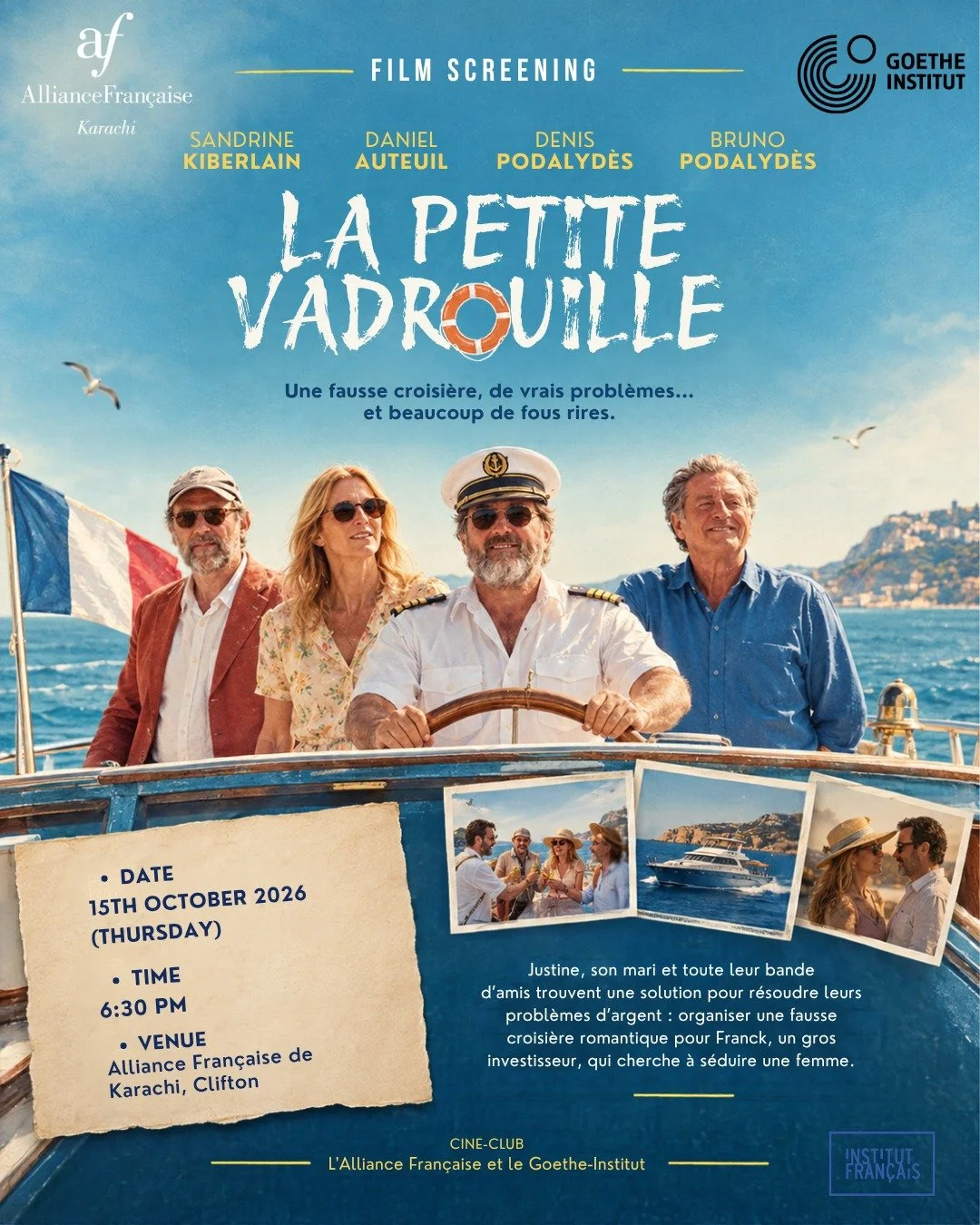 🎬 Cine-Club Movie Night: La Petite Vadrouille (English Subtitles) 🚤✨

Join Alliance Fran&ccedil;aise de Karachi for our Cine-Club movie night!

About the Movie:

Justine, her husband and their whole gang of friends are deep in money trouble, so the