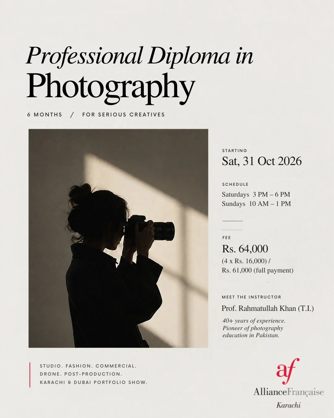 Turn your vision into a profession. 📸

Step into the world of professional photography with Alliance Fran&ccedil;aise de Karachi&rsquo;s 6-Month Professional Diploma in Photography, led by Prof. Rahmatullah Khan (T.I.), a pioneer in photography educ