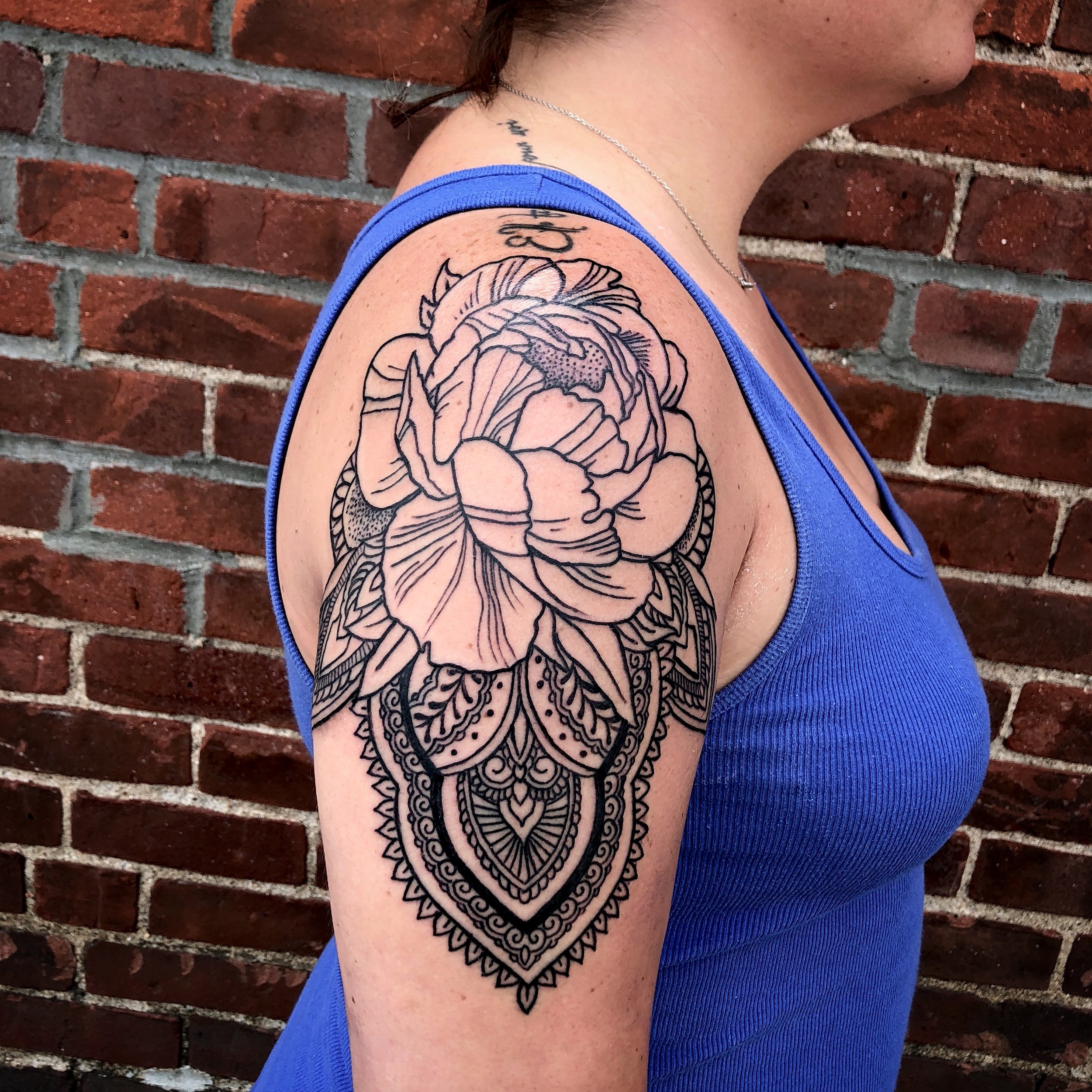 Peony Mehndi shoulder tattoo