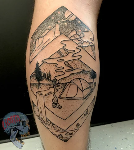 blackwork camping scene tattoo