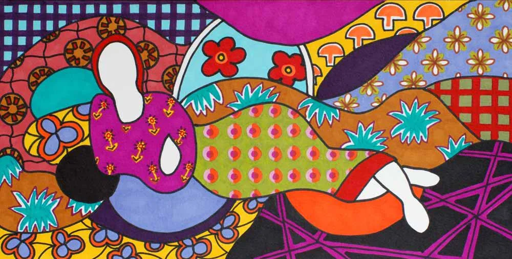 'Fumiko' original pen painting, part of series of Japanese Ladies. This has inspired a new velvet fabric used in the newly completed chair below. A mid-century German Armchair upholstered in 'Fumiko' velvet. Superb collaboration with Ella of 'Calico Bird'. Other fabrics also available.