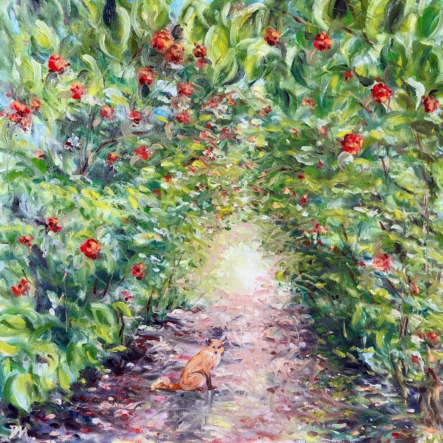 &ldquo;Magic Tunnel&rdquo; oil on canvas 60x60 cm by @doinamoss based on the amazing light tunnel of camellias in Bushy Park, resident fox 🦊 included! Still wet on the easel but published on the gallery website.  https://www.leighpicturegallery.co.u