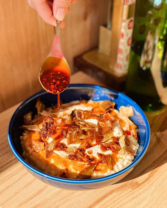 white corn grits with shrimp bolognese is how I want to start every morning in 2020 (byo chili oil optional)