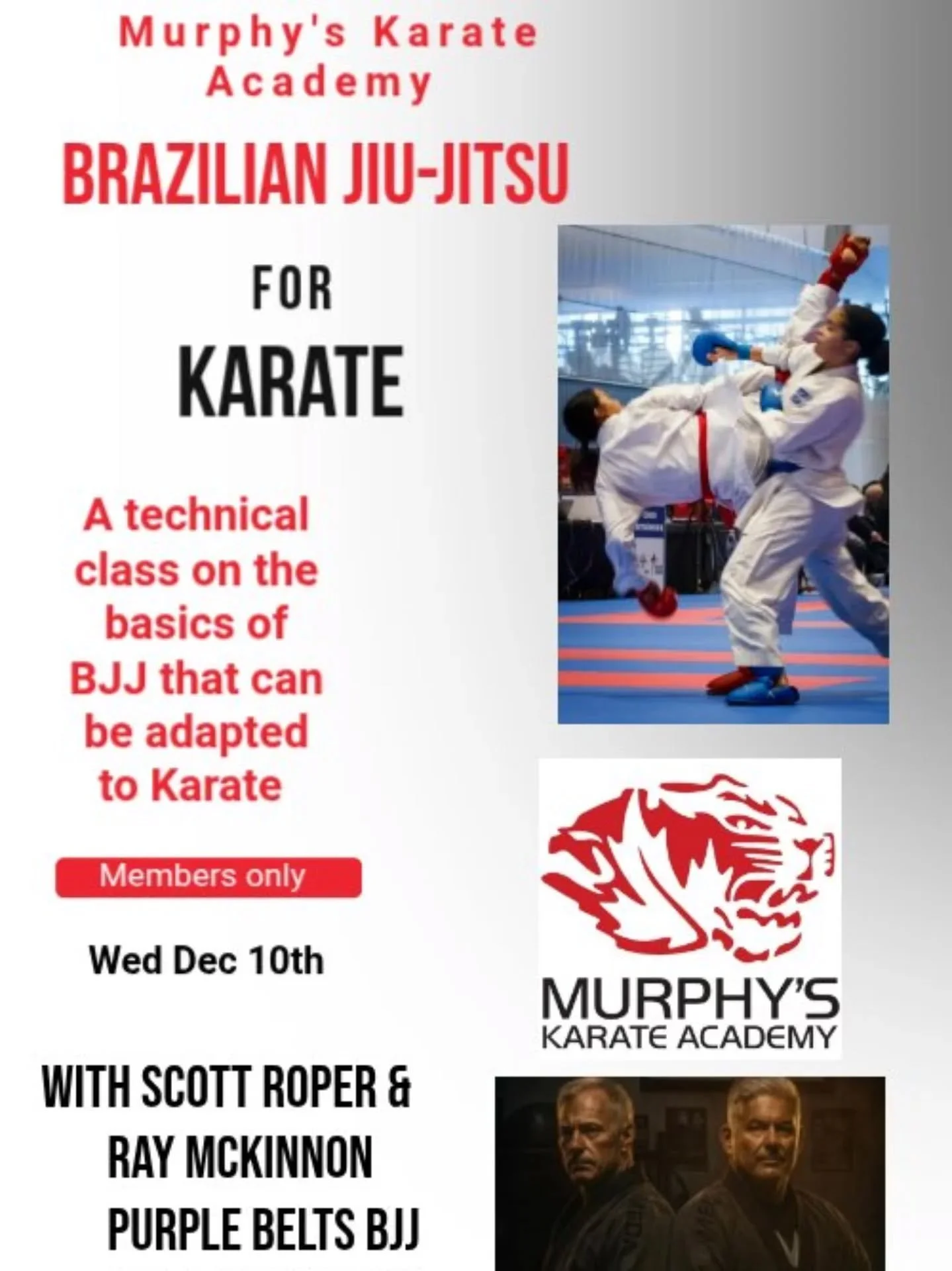 This Wednesday we host Ray McKinnon and Scott Roper to our Blue to Black belt class to review some basics of BJJ that can be adapted to karate. This class is open to those students registered in the Wednesday Blue to Black class.