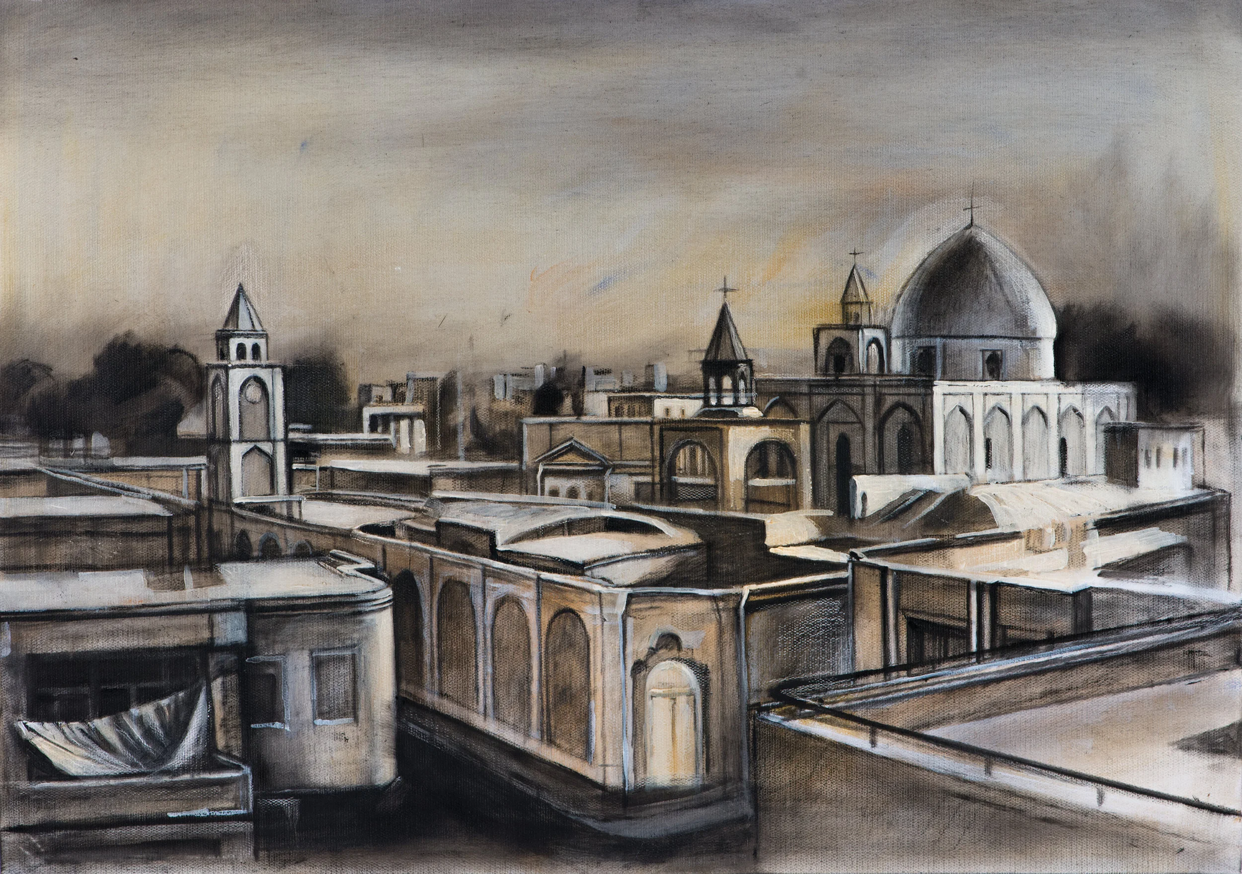 Nor Jugha, Capital of the Armenian Seafarers, Ararat Sarkissian, 2018, oil on canvas, 65 x 46 cm The Armenian city of Nor Jugha (New Julfa) emerged out of Shah Abbas’ campaign in the early 1600s to deport Armenians from Jugha (Julfa), near the Arax River in the heart of historic Armenian lands, to his new capital of Isfahan. There they settled in an area which became known as New Julfa. New Julfa quickly emerged as a new Armenian city. Its main avenue Nazar Khiavan, named after the city’s first Kalantar (mayor) Nazar, stretches East to West and housed Armenian shops and workshops. Ten straight and wide streets stretched along the River Zayande to the south, crossing Nazar’s Avenue and forming twenty independent districts. New Julfa was covered with beautiful gardens and the Armenians built 13 churches in the city. By 1620 New Julfa was the center of Iranian trade and had 30,000 inhabitants. Shah Abbas handed the Armenians the monopoly on Iranian raw silk export. Armenian merchants’ agents, in addition to their commercial activities, often provided intelligence, translations and diplomatic services for the Shah. A new type of Armenian was formed in New Julfa, who should be called the “sea-Armenian”. These Armenian merchants took to the sea and became valiant seafarers, first establishing themselves in prominent port cities in India and then in the Far East.