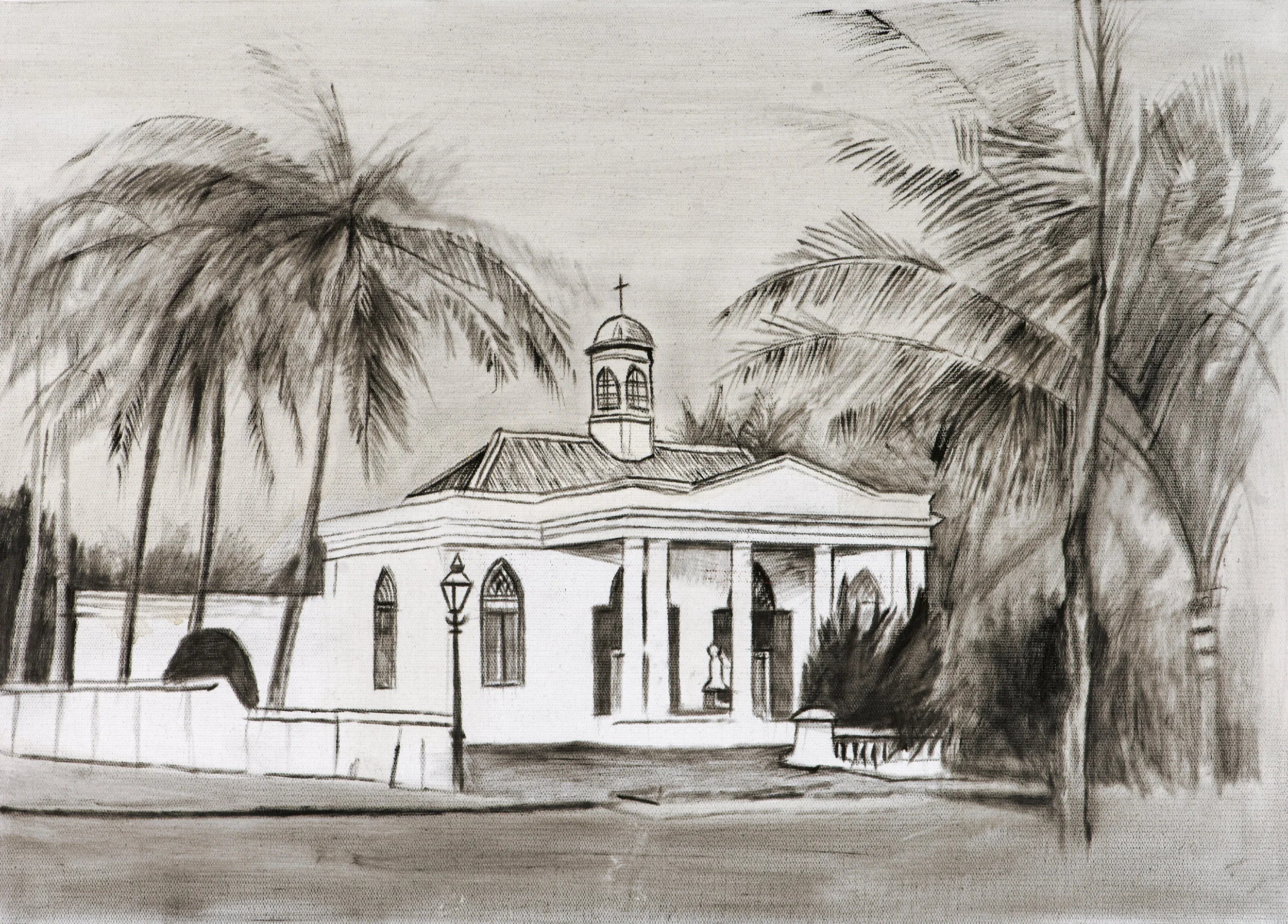 Armenian Church, Batavia , Ararat Sarkissian, 2018, oil on canvas, 65 x 46 cm The Armenian community in Indonesia has a 300-year history. In 1747 the Armenians were granted equal rights with the Dutch. In 1880 a General Board was established in Batavia (now Jakarta) to look after the religious and cultural assets of the community. Apart from Batavia, Armenians settled at other trading centres such as Bali, Malang, Ceribon Makassar, Semarang and Surabaya. The Armenians were successful planters, ship-owners and merchants and amassed large fortunes. One merchant, Hovsep Amirkhanian, was so wealthy that in 1830 he made an offer to the Russian emperor to purchase or rent the region of Artsakh (Karabakh) and the city of Baku, Azerbaijan. Wealthy benefactor Jacob Arathoon paid for a church to be built in Batavia in 1831 and in 1855 this was replaced by the Church of St. John paid for by Gevorg Manook. It was demolished in 1961. In 1927 St. George’s Armenian Church was established in Surabaya. During the Second World War, the Japanese interned those Armenians who were naturalised Dutch subjects: those with Persian citizenship were exempt. Some died in camp of hunger and disease. After the war, others were killed when Indonesians fought for independence. Most Armenians moved to the Netherlands, USA, and Australia.