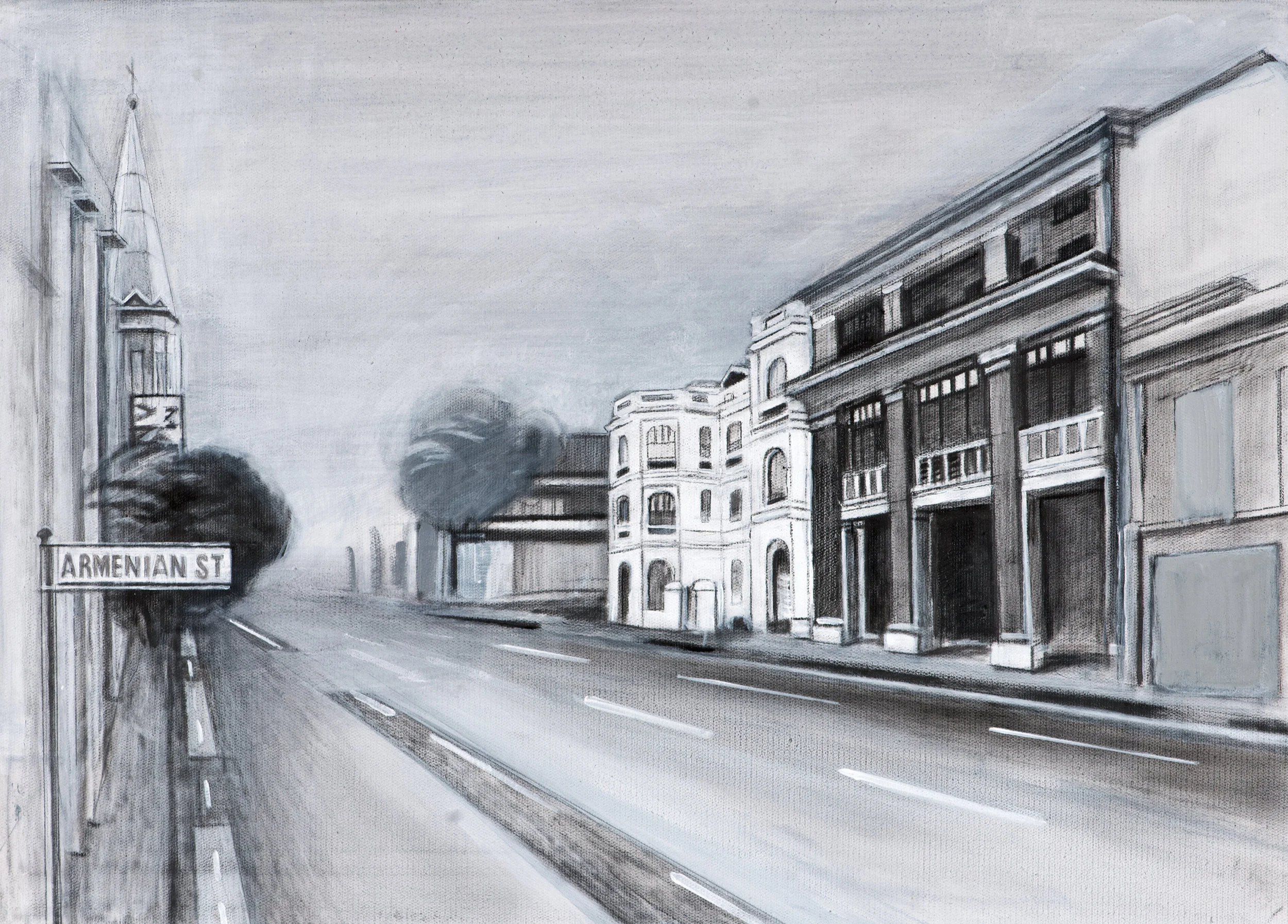 Armenian Street, Singapore , Ararat Sarkissian, 2018, oil on canvas, 65 x 46 cm In 1819 Singapore was established as a British trading post. Armenian merchants from around the region soon recognised the prospects of this port and established a small community, which has never exceeded 100 residents. Though small, the Armenian community has had a great impact on Singapore. In 1835 the community erected the Armenian Apostolic Church of St. Gregory the Illuminator; it is the oldest Christian church in Singapore and was designated as a national monument in 1973. The world’s first cultivated orchid hybrid was bred by Ashkhen Hovakimian (Agnes Joaquim) in the 1880s and carries her name. In 1981 the Vanda Miss Joachim Orchid was proclaimed as Singapore’s national flower. Today, Singapore’s Raffles Hotel is a part of a large chain of Raffles international hotels. The hotel was opened in 1887 and was managed by Tigran Sarkies. The Sarkies brothers - Martin, Tigran, Aviet, and Arshak, originally from Isfahan in Persia, became the leading hotel owners in the East with properties in Myanmar, Malaysia and Singapore. The Straits Times is currently the most widely-read newspaper in Singapore and one of the oldest English-language newspapers in the region. It was established in 1845 by Catchick Moses (Movsessian). Armenians were significant landowners in Singapore and constructed many buildings in the city such as Stamford House which still stands. Singapore has an Armenian Street as well as three other streets named after Armenians: Galistan Avenue, Sarkies Road and St Martin’s Drive.