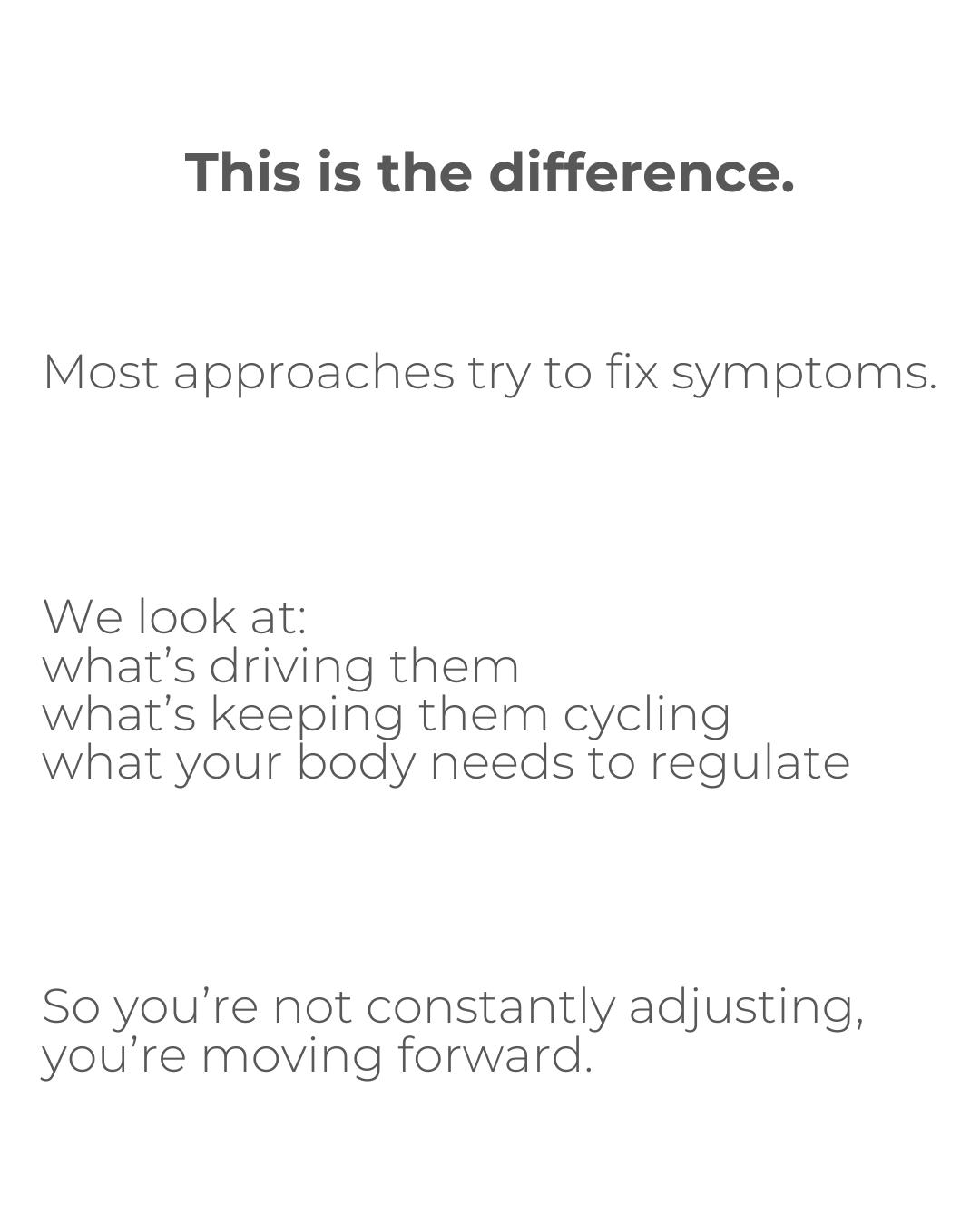Strategic gut health approach for SIBO showing the difference between symptom-based treatments and identifying root causes like what drives and cycles symptoms and what the body needs to stabilize.
