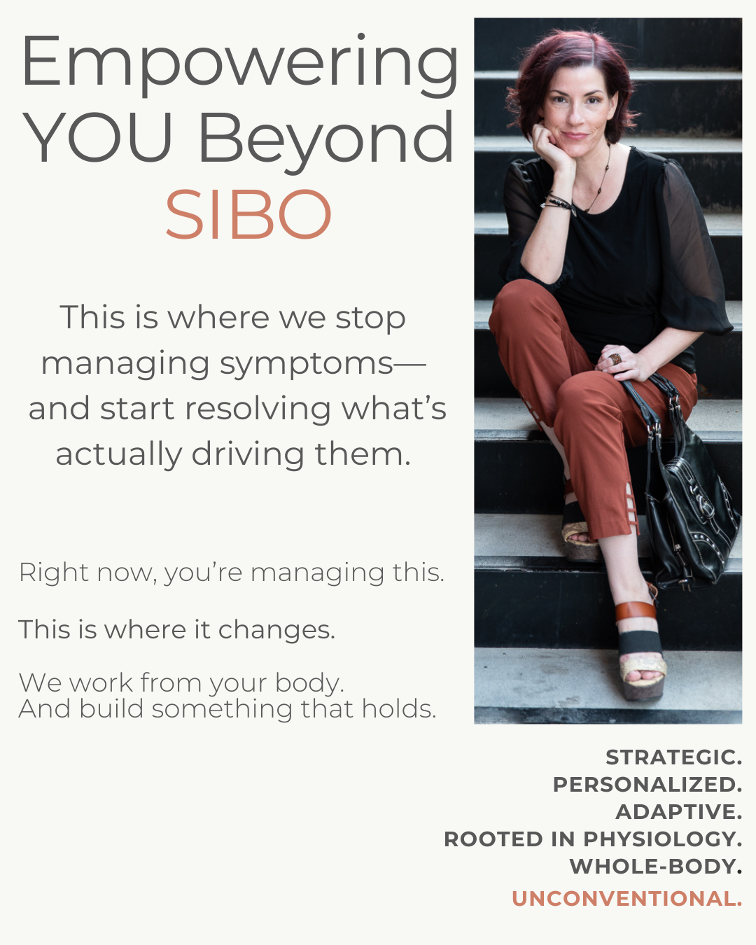 Empowering YOU Beyond SIBO private coaching program image featuring functional gut health support for women seeking root-cause help for recurring SIBO symptoms, digestion issues, and whole-body stabilization.