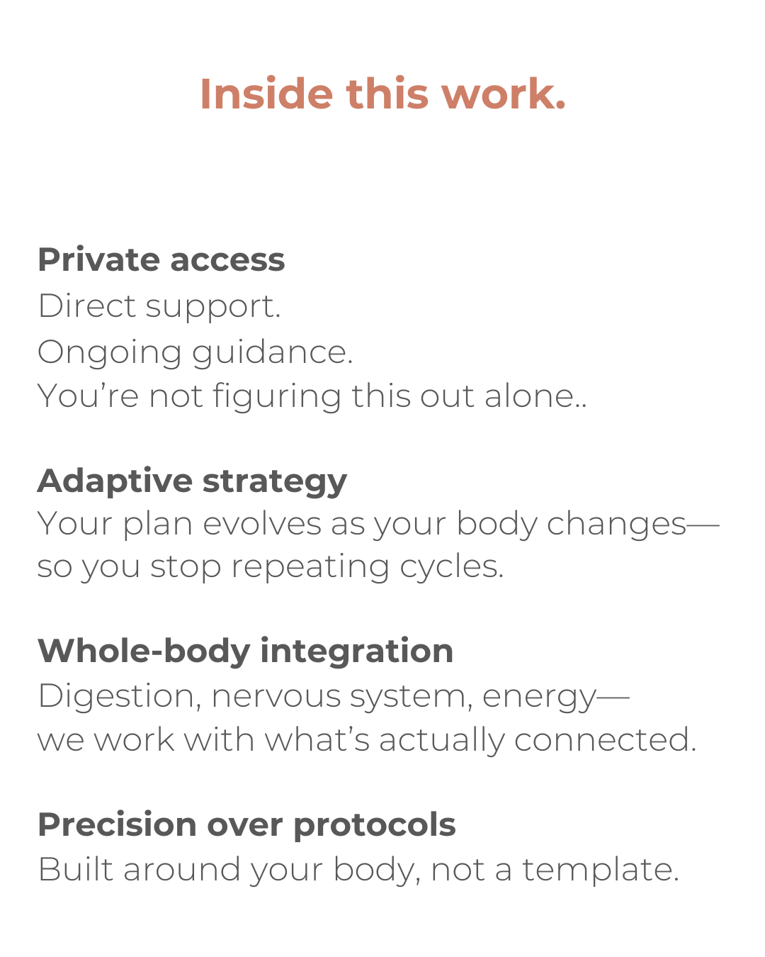A high-level breakdown of a private SIBO coaching program focused on personalized support, adaptive strategy, and whole-body gut health to address recurring digestive symptoms at the root.