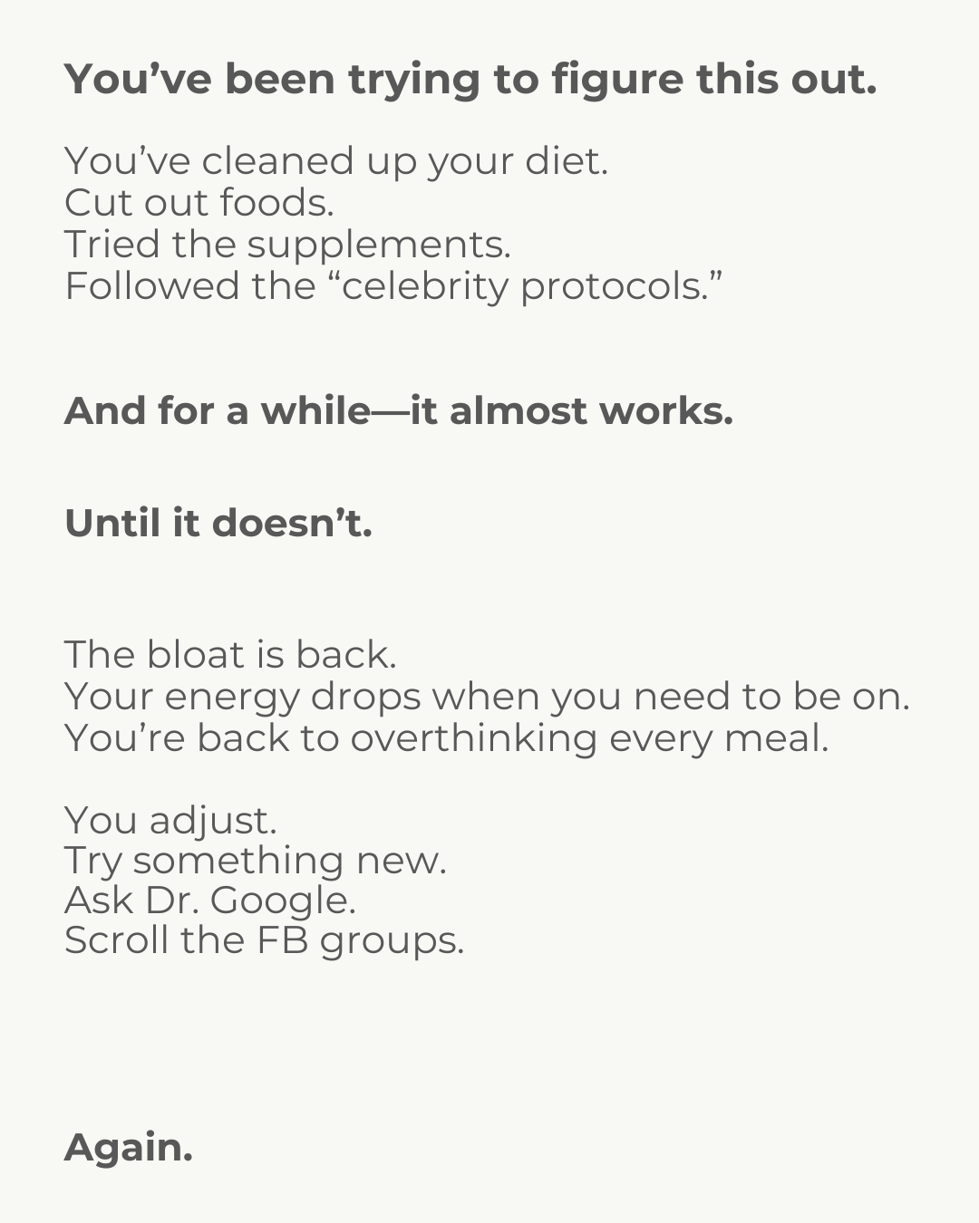 Woman experiencing recurring SIBO symptoms including bloating, fatigue, and food-related anxiety despite trying diets and supplements