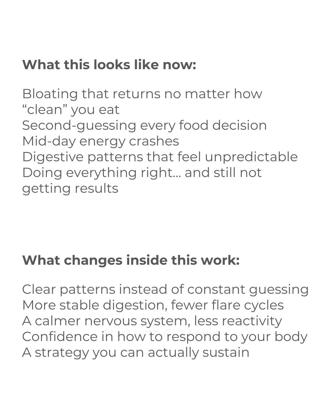 Before and after SIBO experience showing recurring bloating, food restriction, and fatigue vs stable digestion, nervous system regulation, and confidence