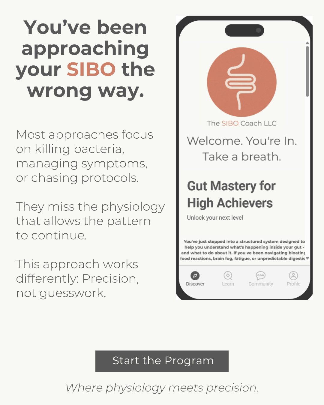 App-based SIBO program for high-performing women addressing recurring symptoms through gut function, nervous system regulation, and targeted strategy