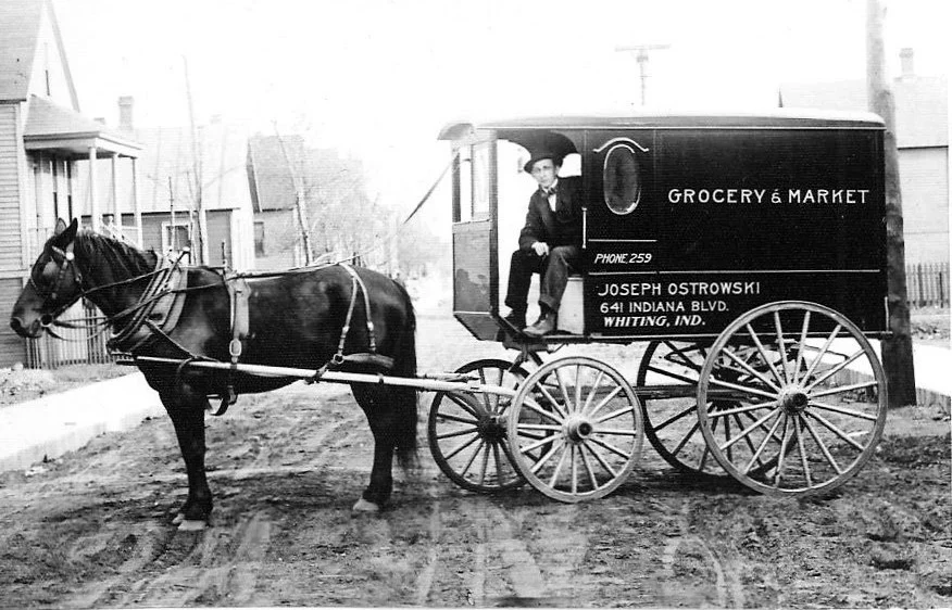 Joseph Ostrowski started his grocery store at what is today 2062 Indianapolis Boulevard in 1904. This photo was taken in 1916, and shows driver Casimi Kroop delivering groceries in the 2600 block of Schrage Avenue.