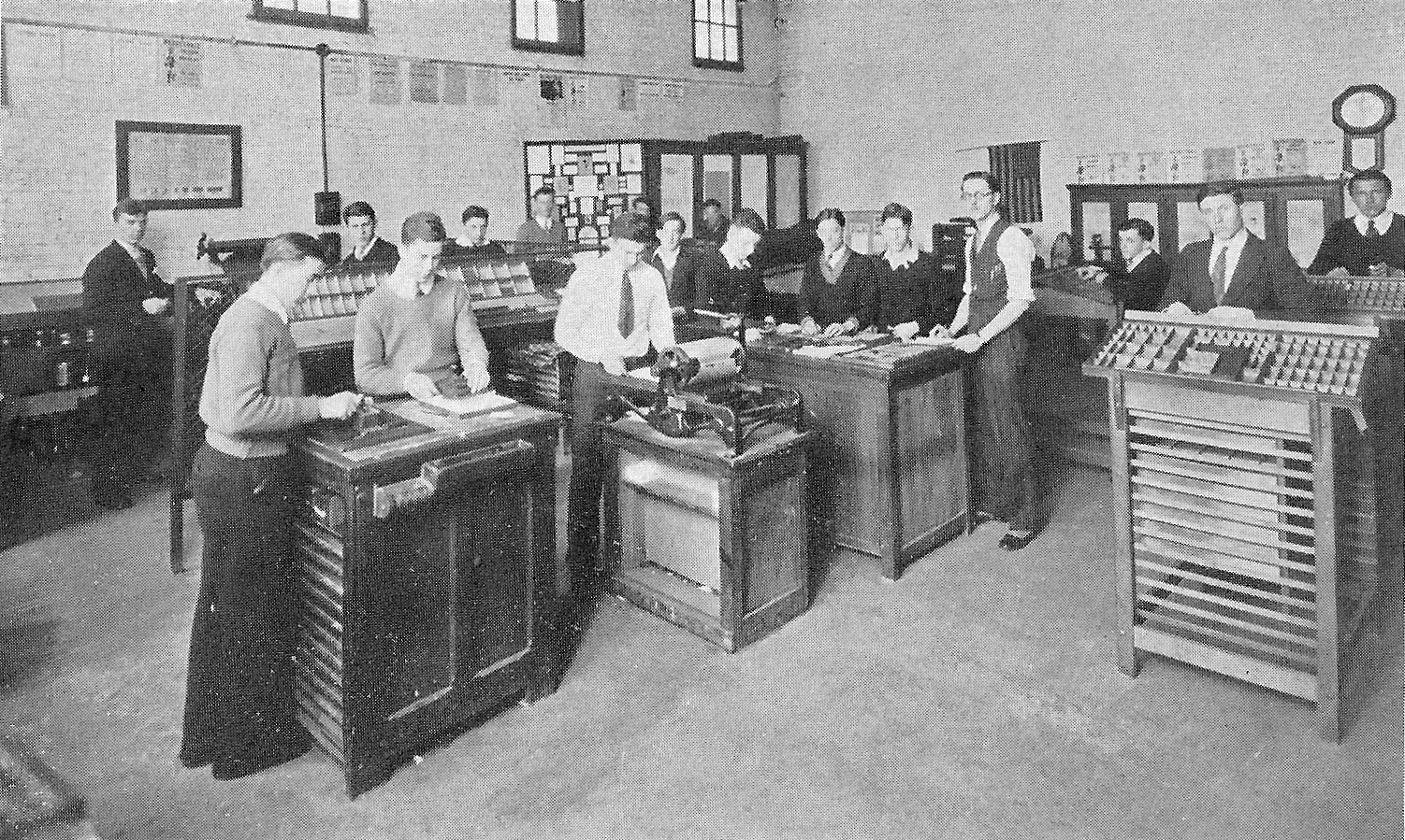 The Whiting High School Print Shop in 1931. Those pictured, left to right: Steve Kompier, Andrew Trgovich, Mike Pawlus, Richard Brown, Steve Mihalso, John Dobrowolski, Mike Evanich, Mike Bondra, Walter Muvich, John Muvich, Dennis Soos, John Hegedus, Myron Springer, B.J. Vesely, Anthony Juriga, Grant Dalton, John Kovak.