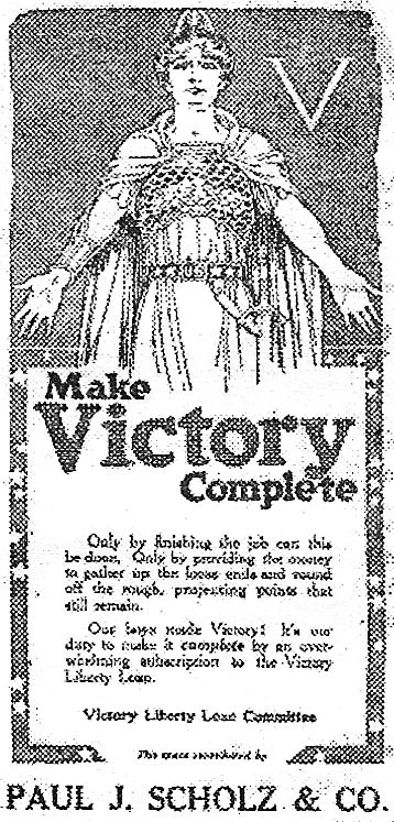 An ad to contribute money to pay our war expenses that appeared in the Whiting Call after the end of the war.