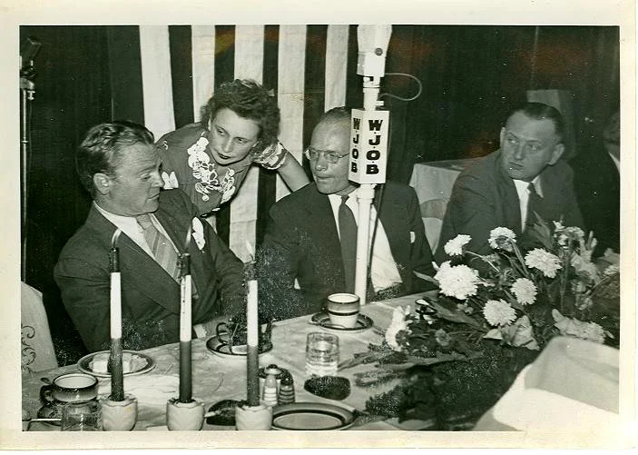 Actor James Cagney is on the left, and Whiting Mayor James T. McNamara is on the right during Cagney’s visit to Phil Smidt’s to raise money for war bonds during World War Two.