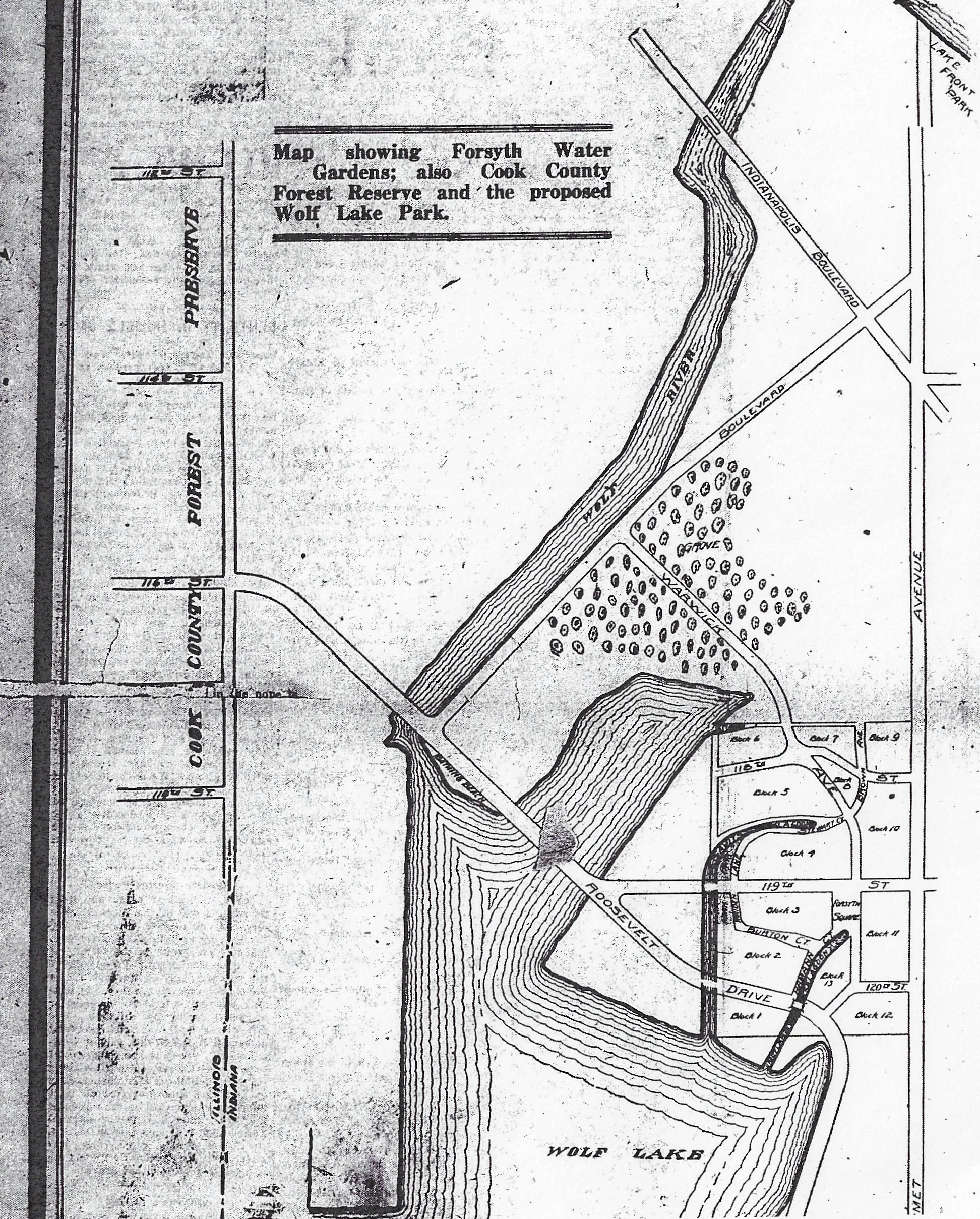 This map appeared in an 1920 ad placed by Henry S. Davidson to promote the Water Gardens. It shows his thoughts on Roosevelt Drive crossing Wolf Lake and connecting with 116th Street in Chicago. It also shows the Water Gardens as the only development on the west side of Calumet Avenue.