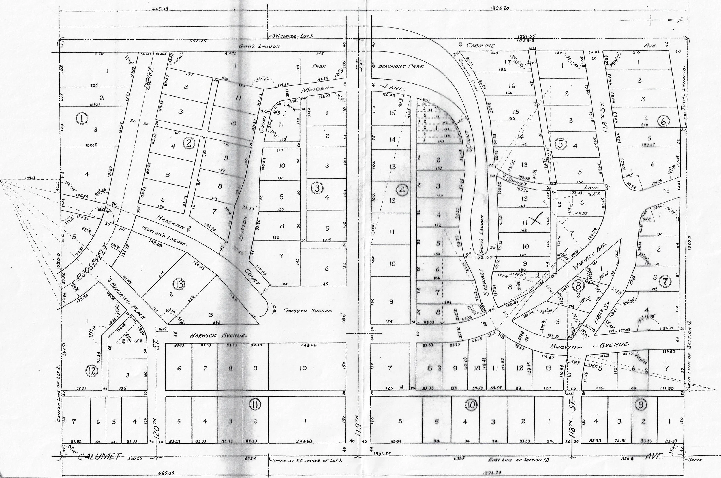 A map showing Davidson’s plan for the Water Gardens. At the top center, where 119th Street reaches its western end, is the planned Beaumont Park. Note the lagoon envisioned at the left center of the map. It was named Moylan’s Lagoon, and ran along Hamann Court. Another lagoon is drawn in along Stewart Court, which is located to the right of center on this map. It was called Gavit’s Lagoon.