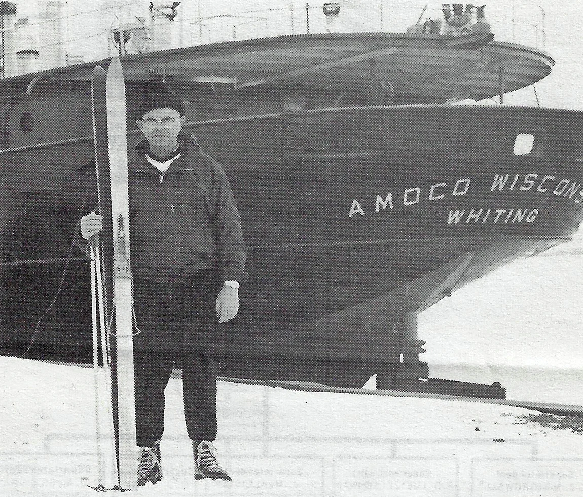 Hans Lund traveled 16 miles on his skis to get to his job after the storm hit. He was the captain of the Amoco Wisconsin.