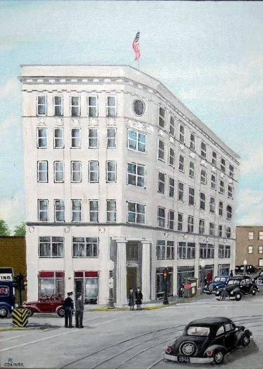 During its prime, the Central State Bank was Whiting’s most impressive building, shown here in a painting by Whiting artist Al Odlivak.