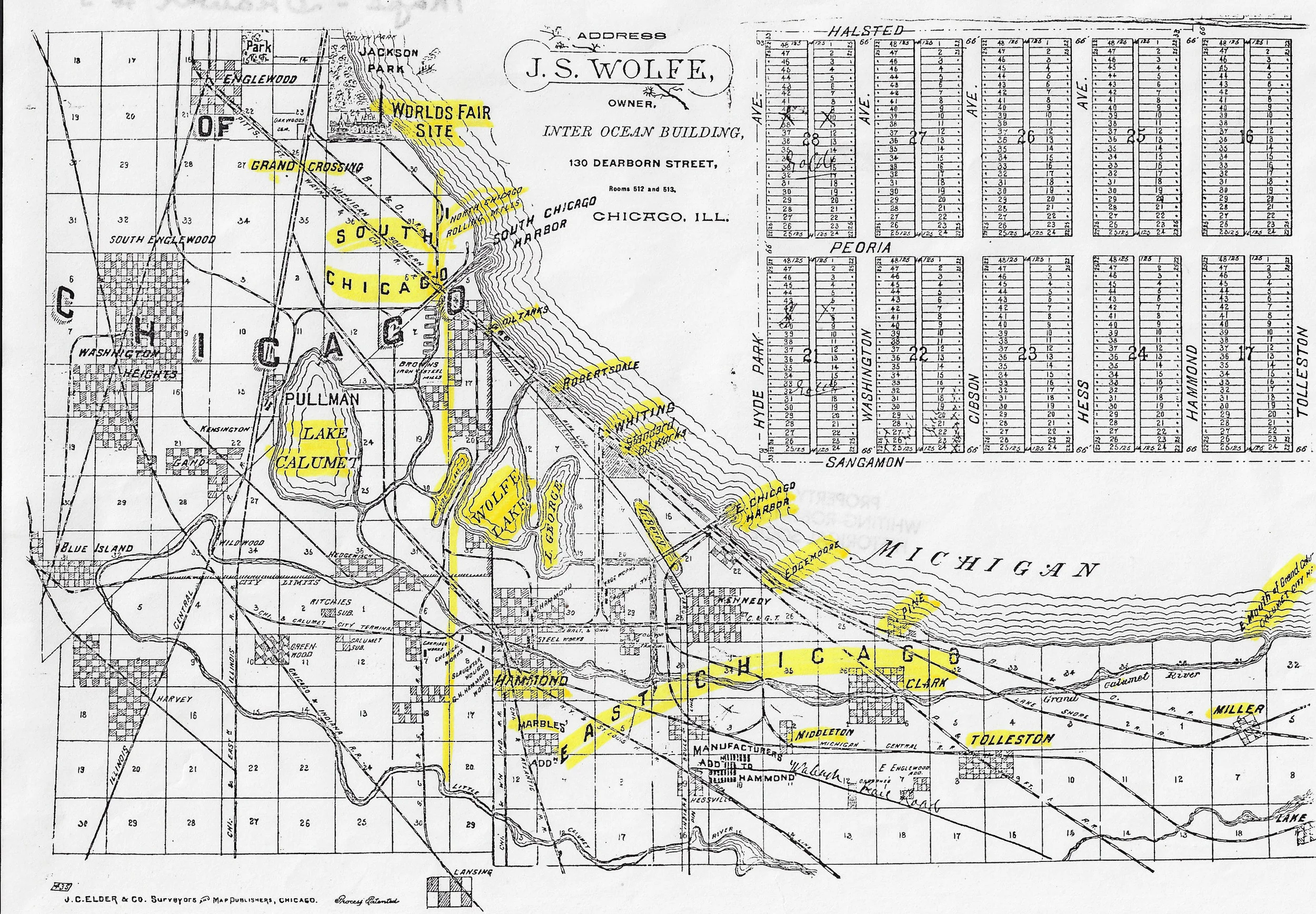 This map, probably from the 1890s, shows all five of the small lakes which were in the Whiting-Robertsdale area. “Wolfe Lake” is to the left of center, with George Lake adjacent to it, and Hyde Lake just off of Wolf Lake’s western shore. Lake Calumet is further left, and Berry Lake is to the right of George Lake. Both Berry Lake and Hyde Lake were filled in many years ago to make room for industrial expansion. Hyde Lake would have been in today’s Hegewisch neighborhood of Chicago, while Berry Lake was mostly in an area that is now a part of the BP Refinery, in the part close to the Marktown neighborhood of East Chicago..