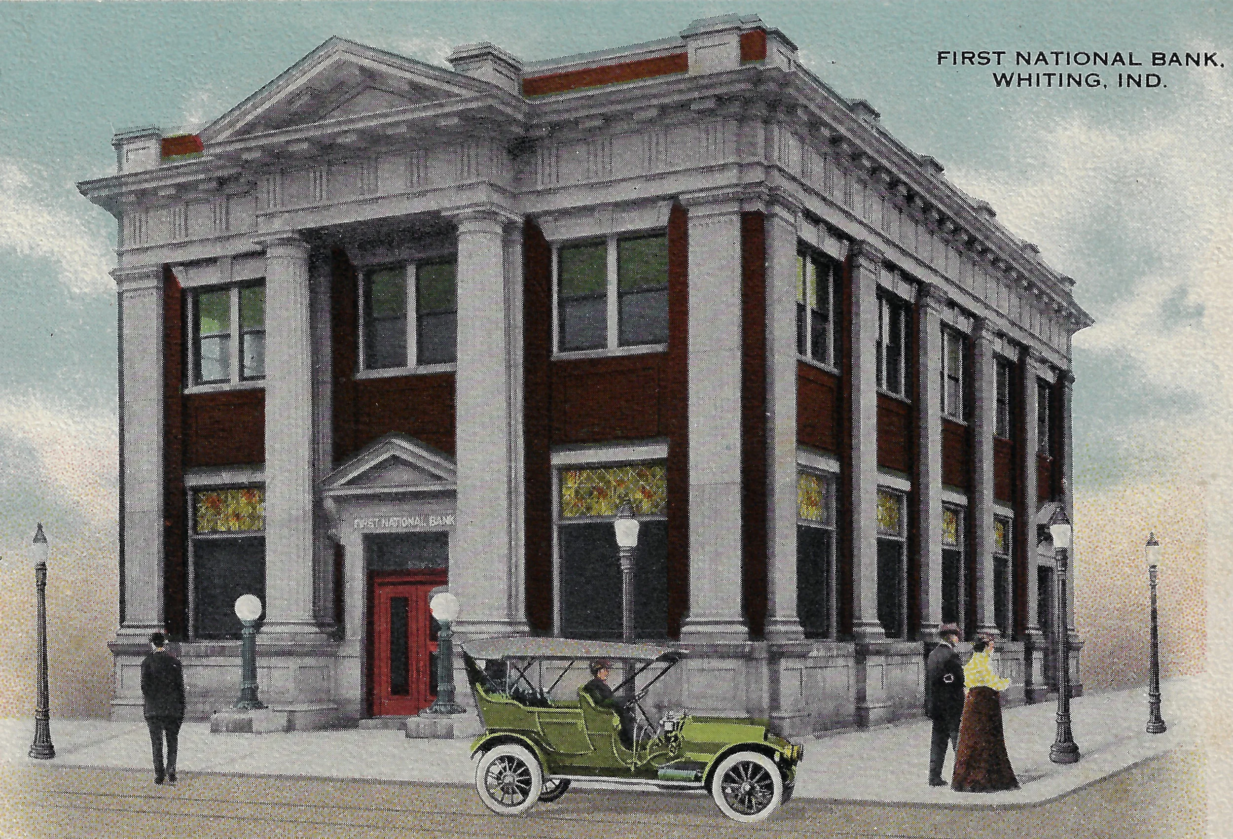 A postcard shows the bank before it opened in 1915. The electric lamps on both sides of the bank were an uncommon sight in those years in Whiting.