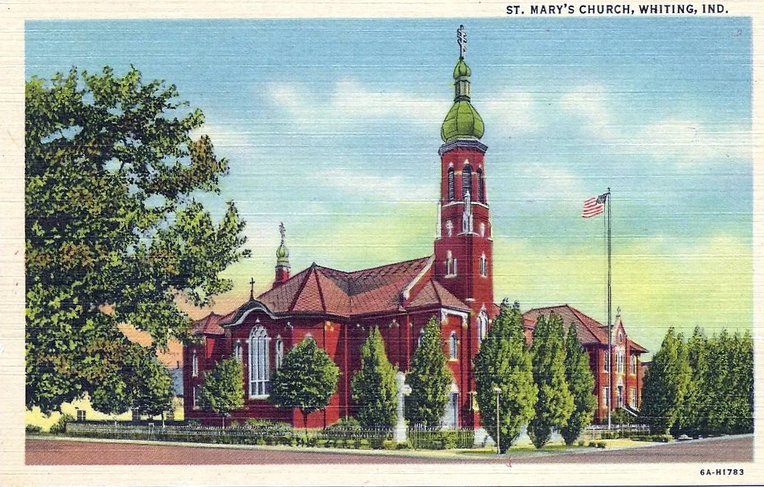St. Mary’s is located across from the Community Center; which is across from the Methodist Church; which is next door to the Masonic Temple; which is next door to the Slovak Dom; which is across the street form the Hoosier Theater. It is a part of downtown Whiting that is rich in local landmarks.