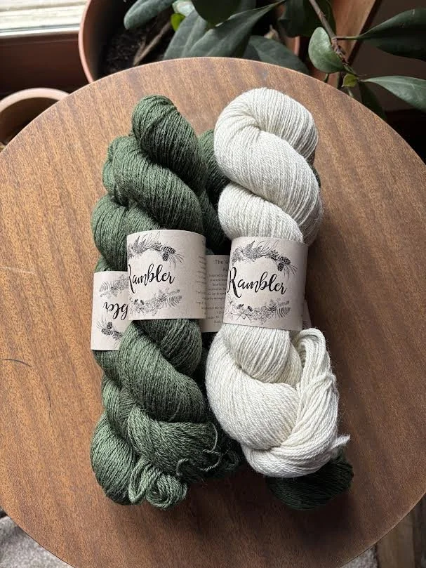 Green and white skeins of yarn