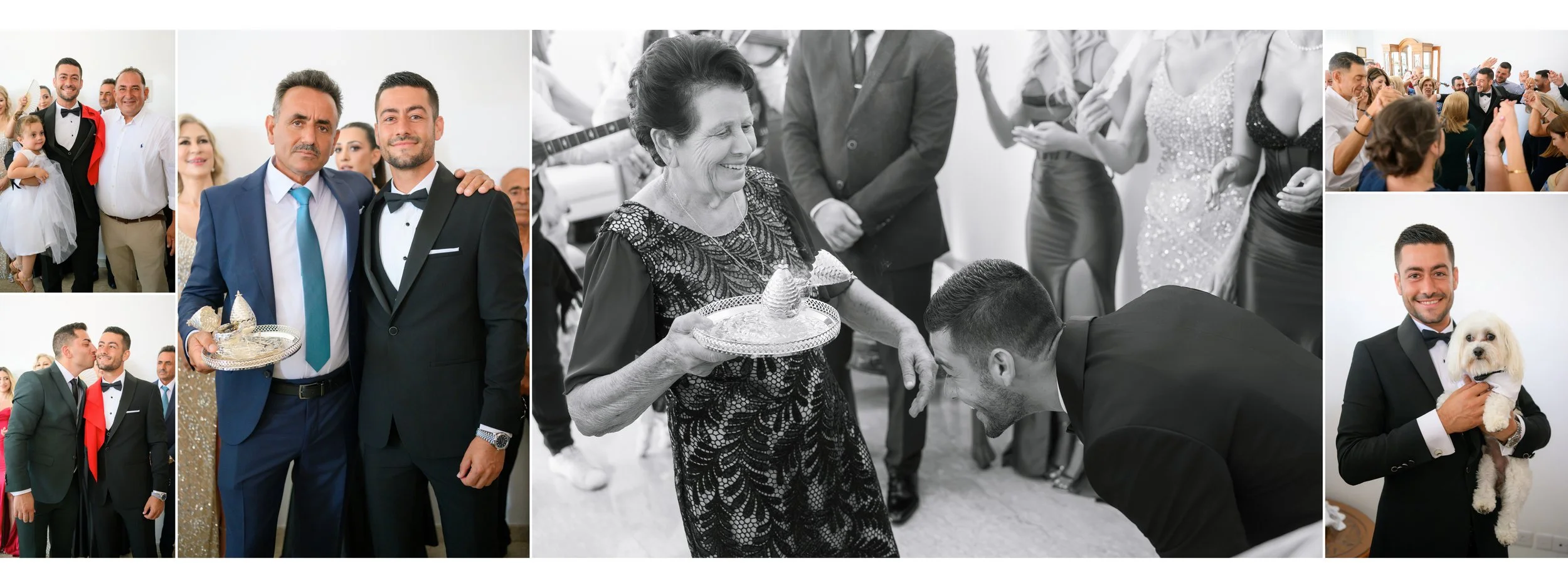 Collection of scenes from a wedding celebration featuring people dancing, smiling, hugging, and holding a small dog, with some images in color and one in black and white.