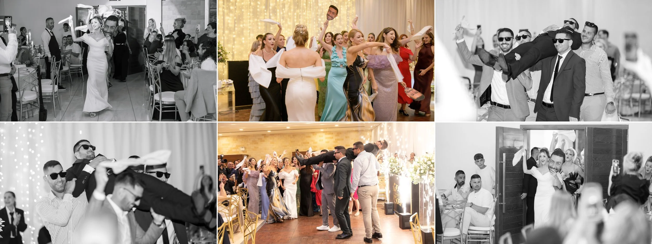Collage of photos from a wedding reception with guests dancing, celebrating, and enjoying entertainment.