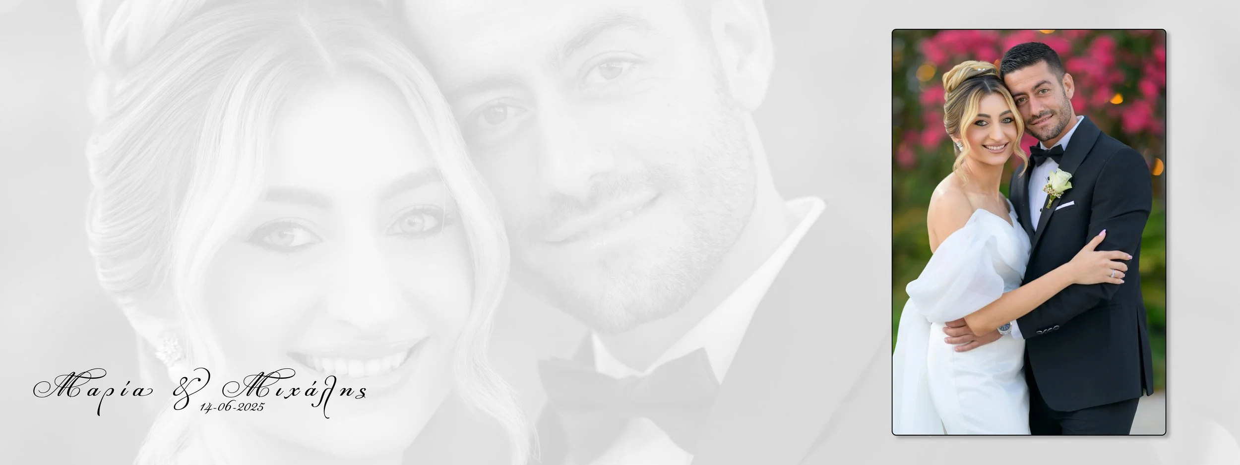 Wedding photo of a bride and groom dressed in formal attire, smiling and embracing outdoors with pink flowers in the background. The left side features a grayscale overlay of the same couple's faces with their names and wedding date, Maria and Muxlán