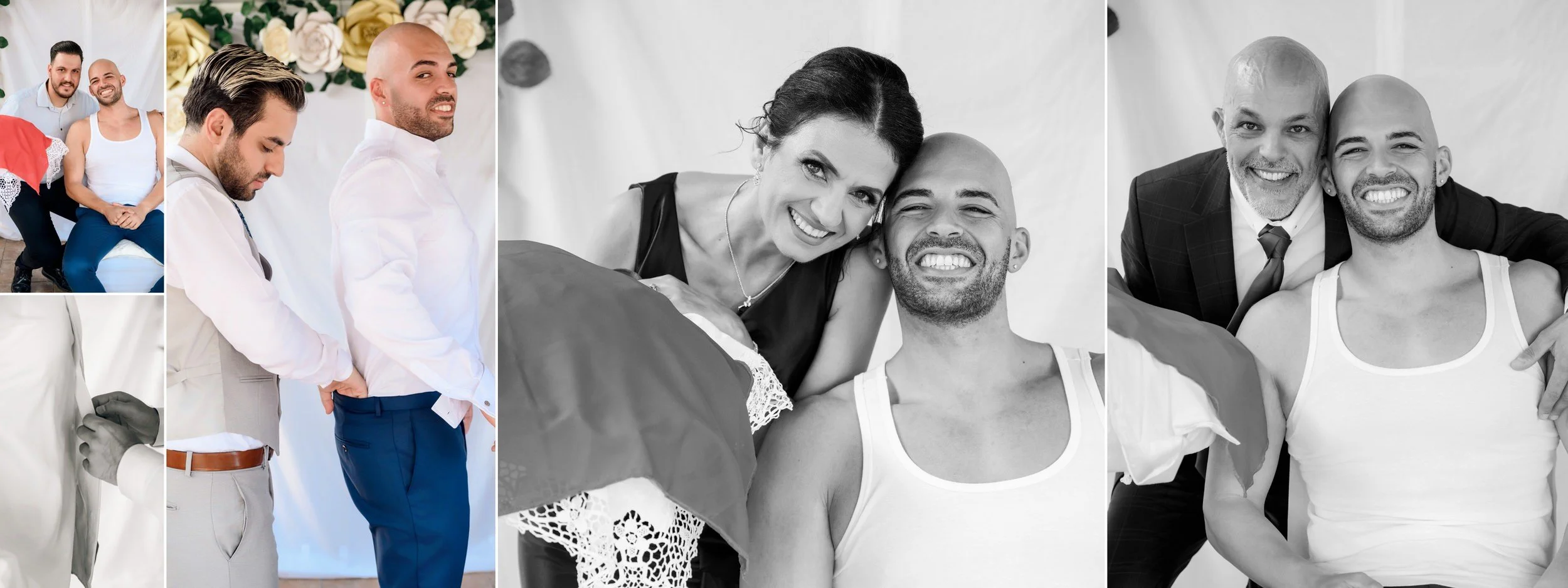 A collage of black and white photos featuring people at a wedding or celebration, showing men and women smiling and posing together.