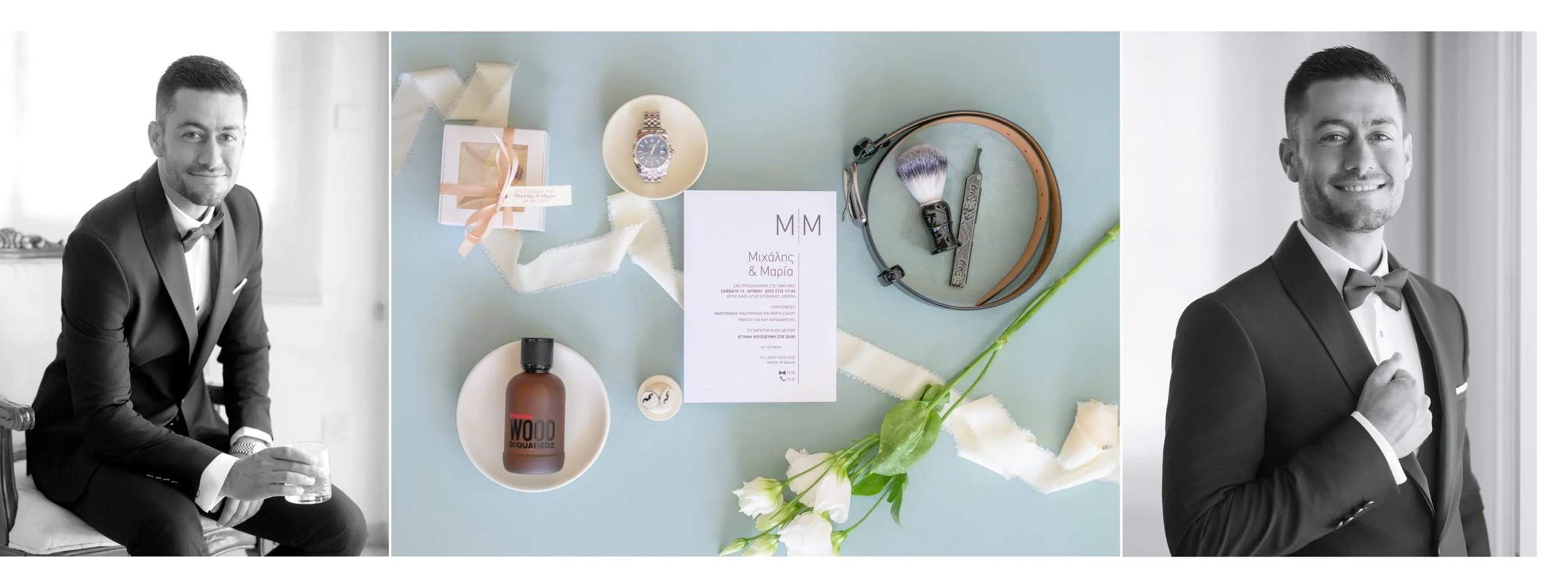 Triptych of a smiling man in a tuxedo, a wedding invitation and accessories, and another smiling man in a tuxedo.