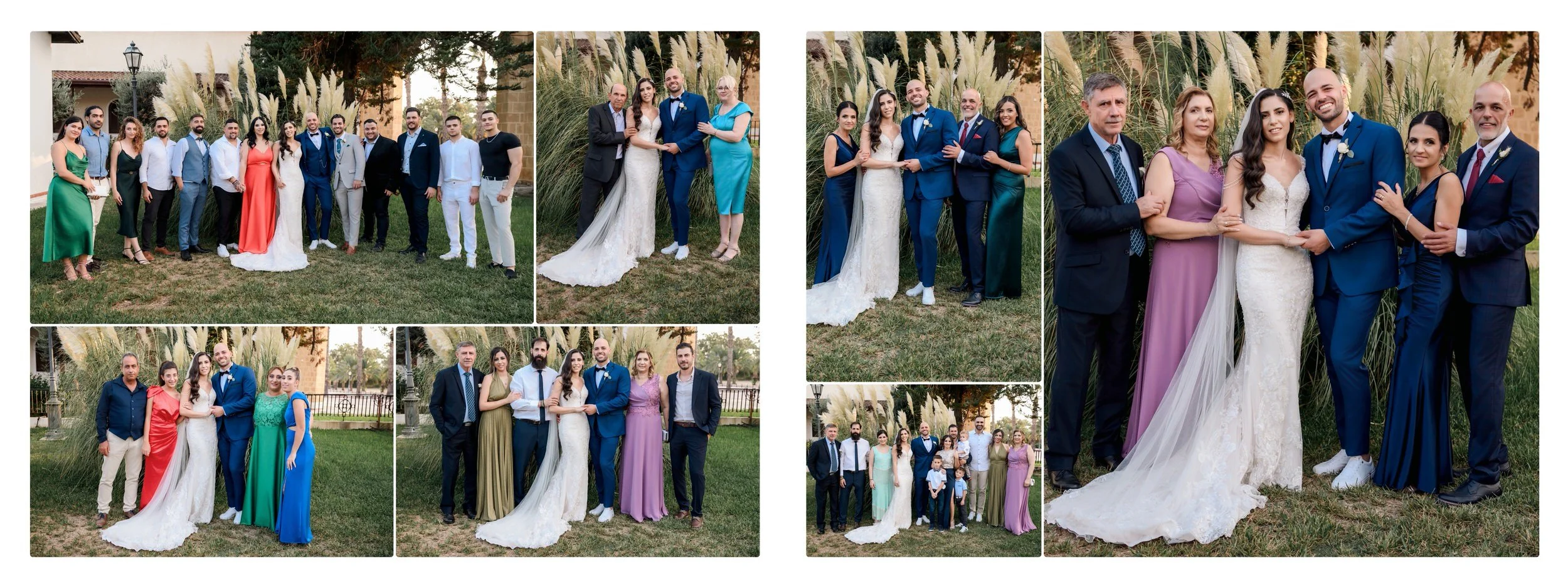 A collage of wedding photos with groups of people, including the bride and groom, family, and friends outdoors with tall grass and trees in the background.