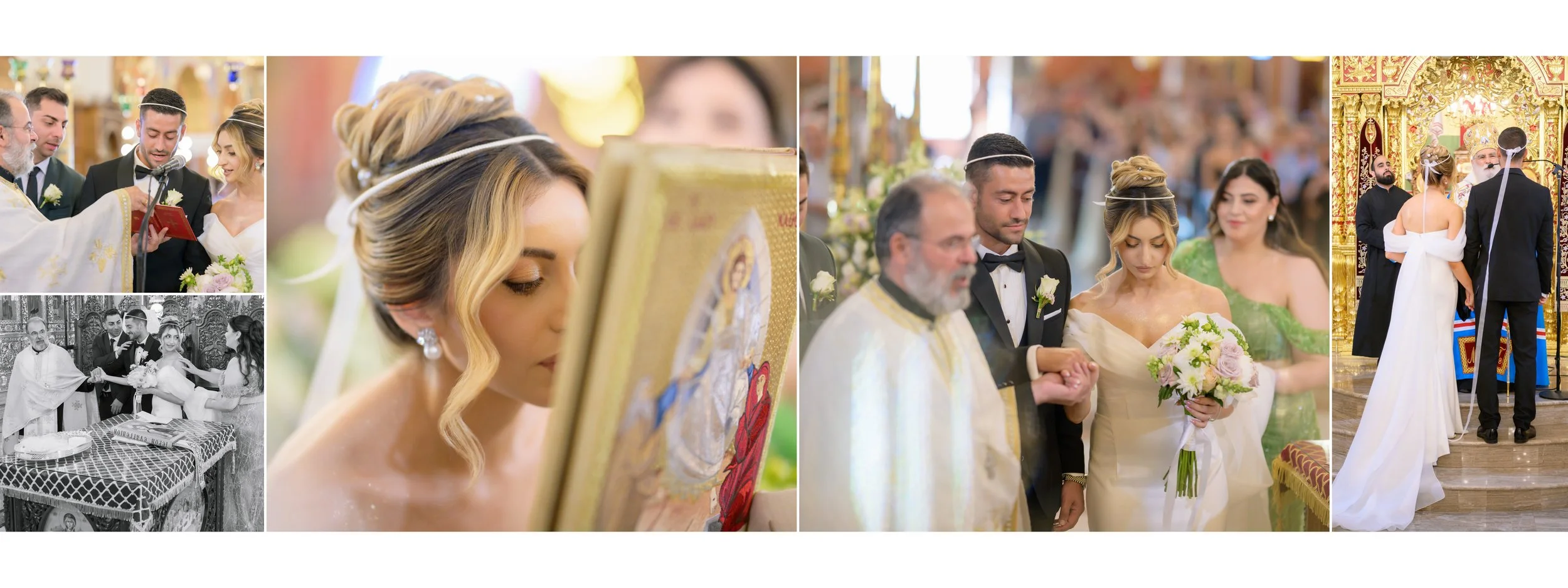 Sequence of images from a wedding ceremony with the bride and groom, priest, and guests in a church, including close-up of the bride, religious icons, and the couple exchanging vows.