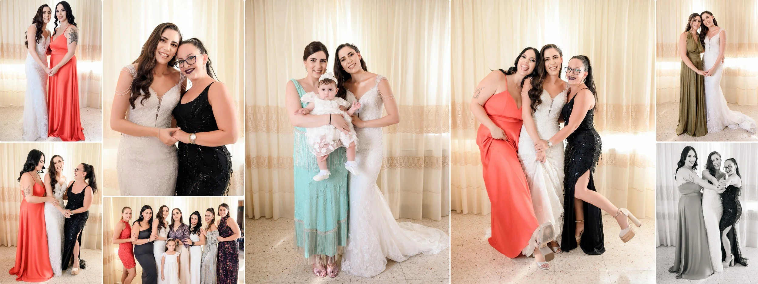 Group of women and a baby at a celebration, with some women in wedding dresses and others in elegant dresses, indoors with cream curtains.