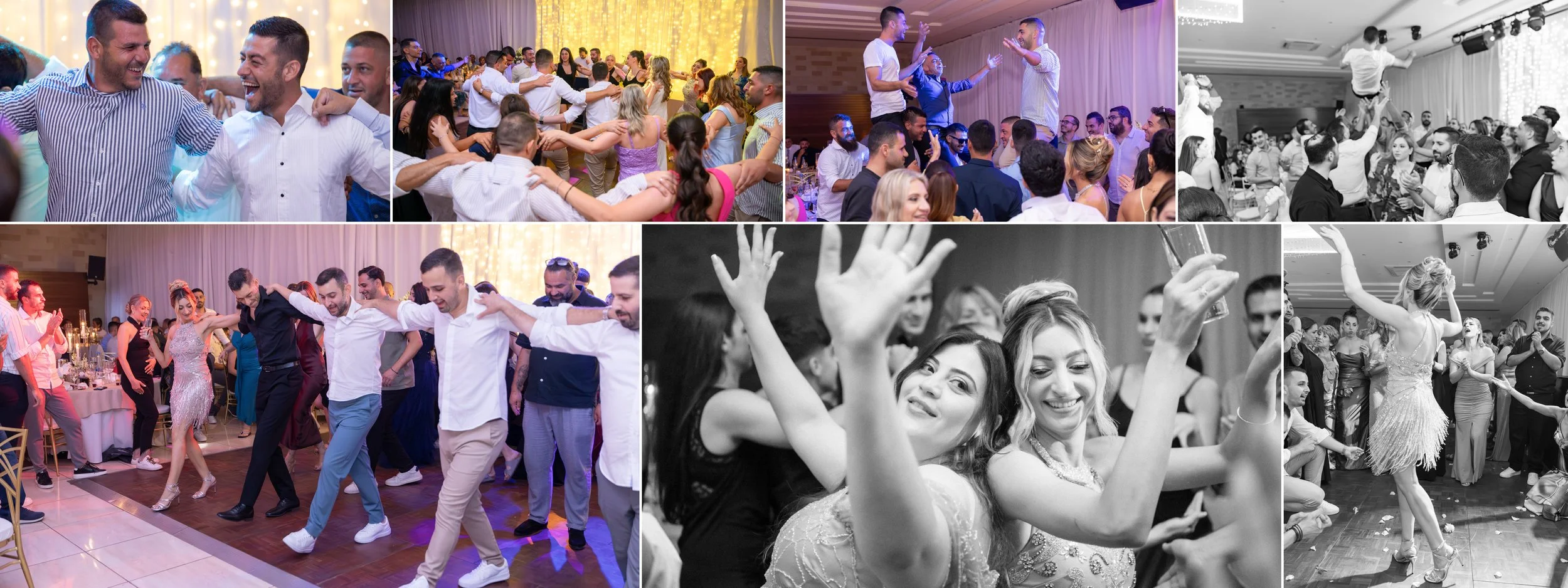 Collage of photos from a lively celebration or party featuring dancing, singing, and joyful interactions among guests in a decorated venue with string lights and elegant decor.