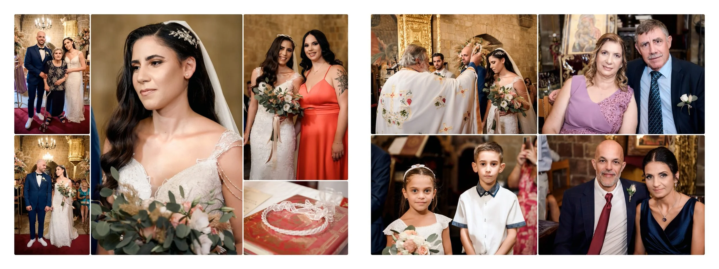 Collage of wedding photos including bride and groom, family members, wedding ceremony, and guests in a church setting.