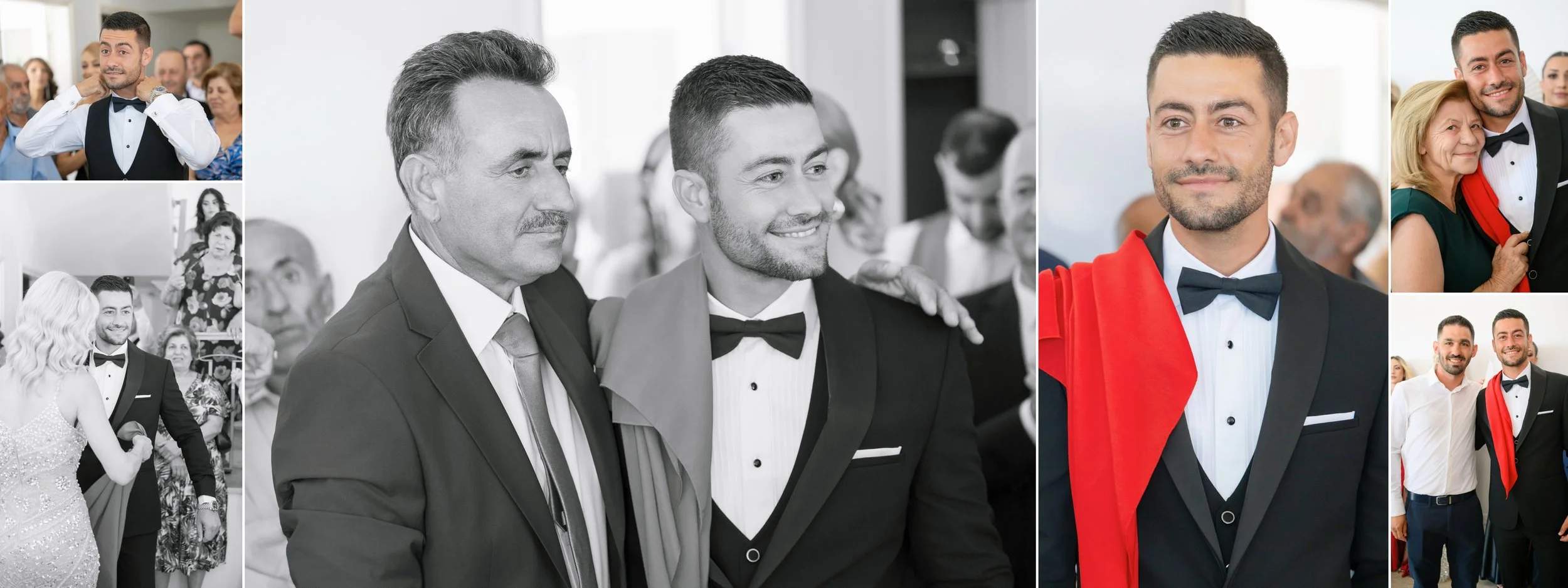 Various photos of a young man in a tuxedo at a formal event, including moments of him with an older man, a woman, and other attendees, some in color and others in black and white.