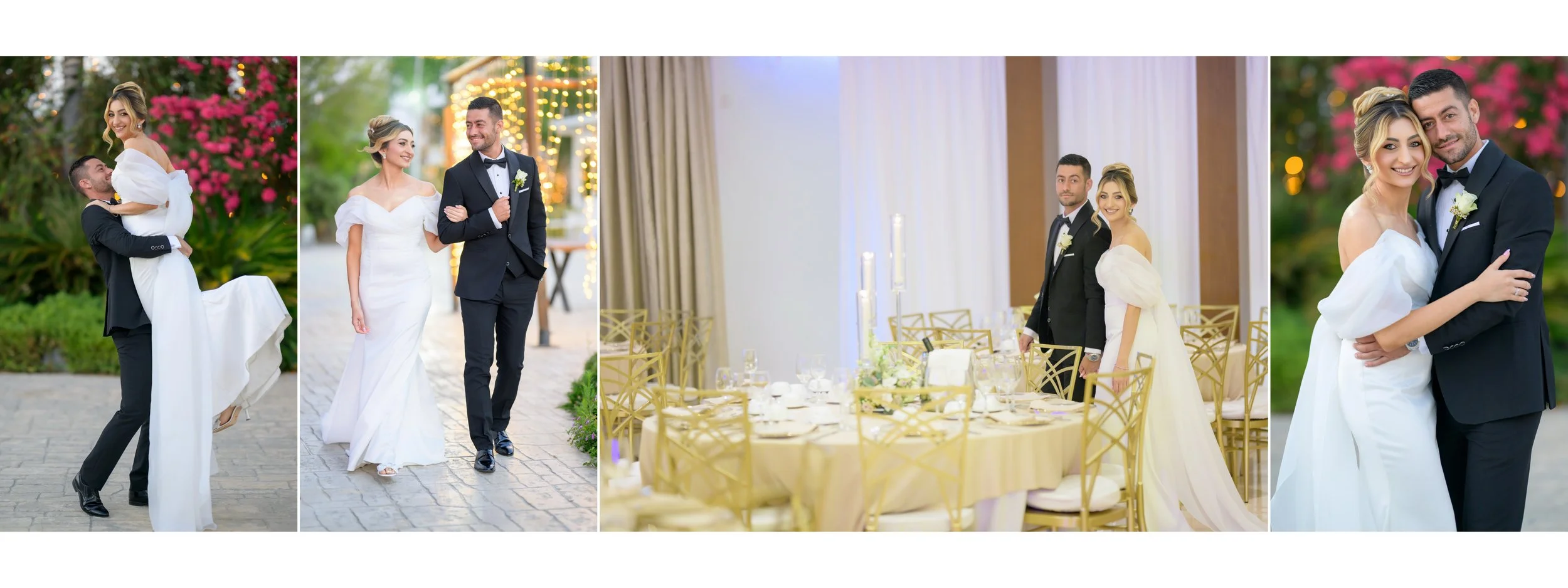 A collage of five photos from a wedding celebration showing the bride and groom in various moments with indoors and outdoors settings, and decorated tables.