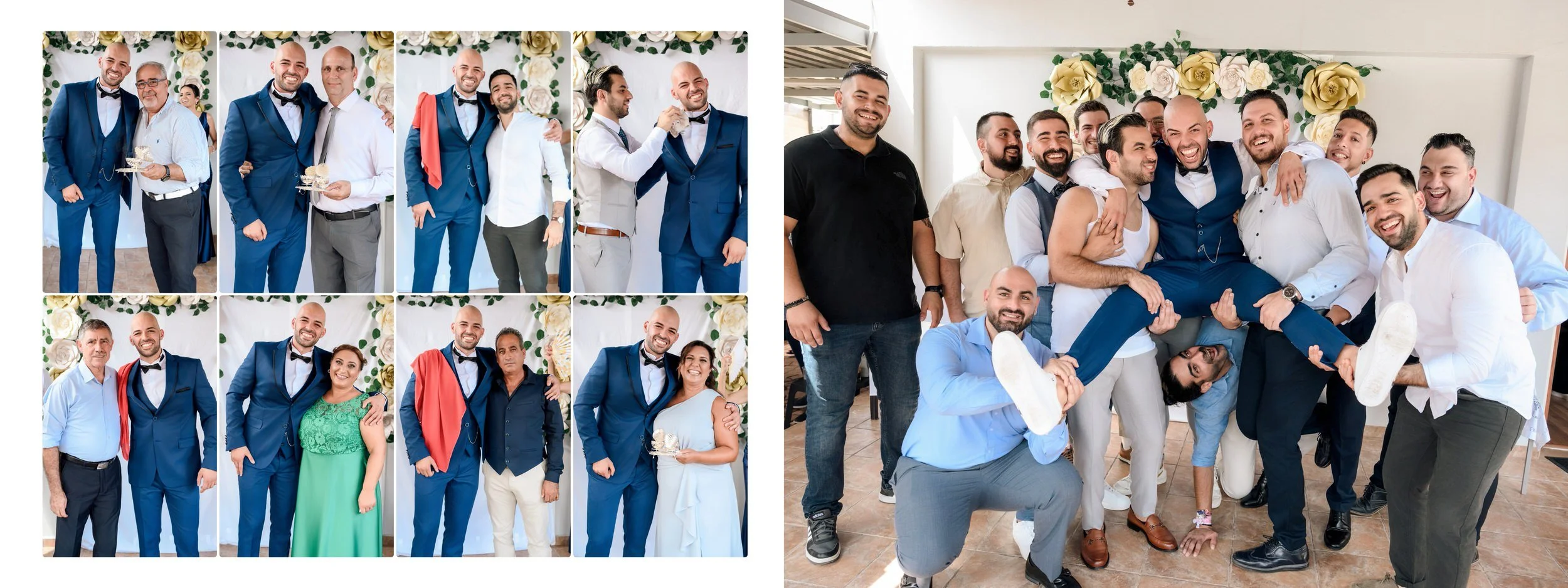 Collage of photos from a wedding celebration featuring the groom and his family, with guests dressed in formal attire, some holding cake, and group photos with a floral backdrop, including the groom lifting a guest.