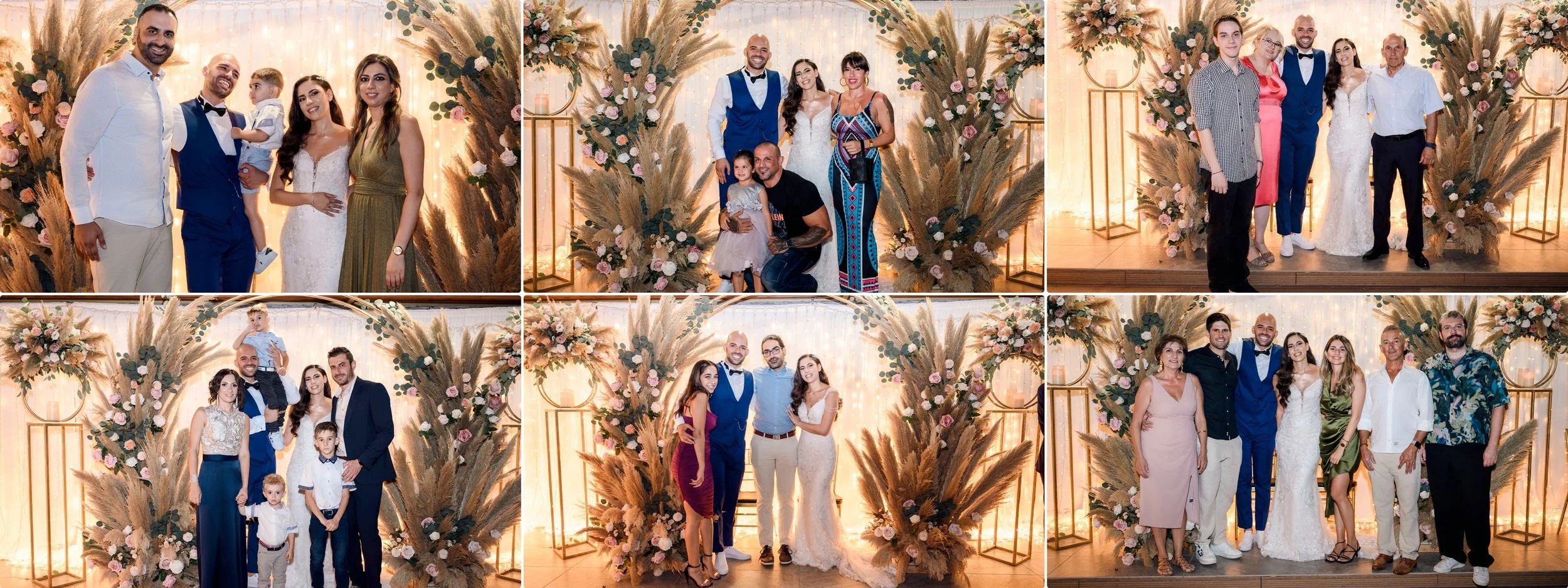 A collage of eight wedding photos featuring multiple groups of people, including the bride in a white wedding gown, the groom in a blue suit, and various family and friends, posed against a decorative backdrop of flowers and pampas grass with warm li