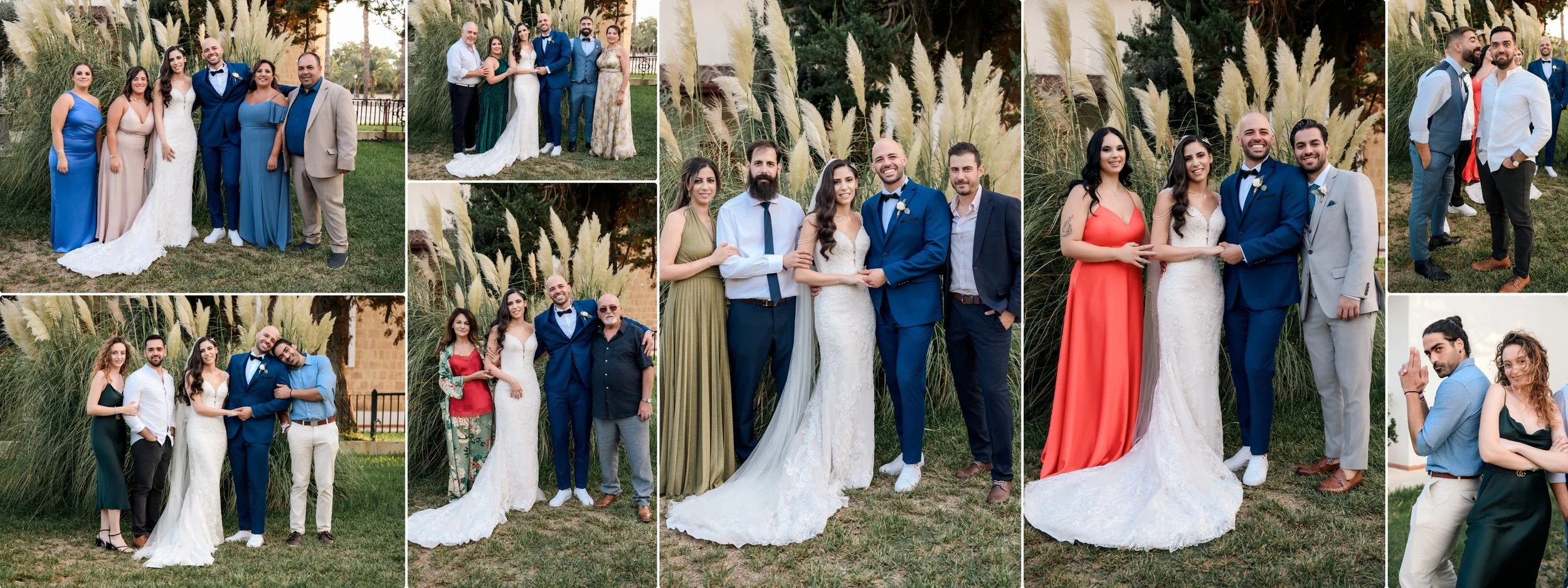 A collage of multiple group photos from a wedding event featuring the bride in a white wedding dress and the groom in a blue suit, with friends and family, outdoors with tall grasses.