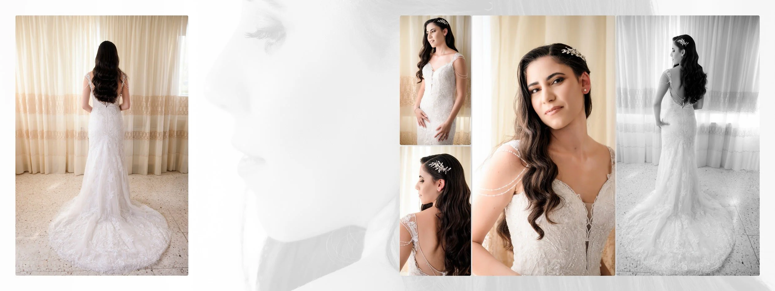A bride trying on a white lace wedding gown with a train, seen from the back in front of beige curtains, with a close-up of her face and hairstyle, and a side profile of her wearing the dress.