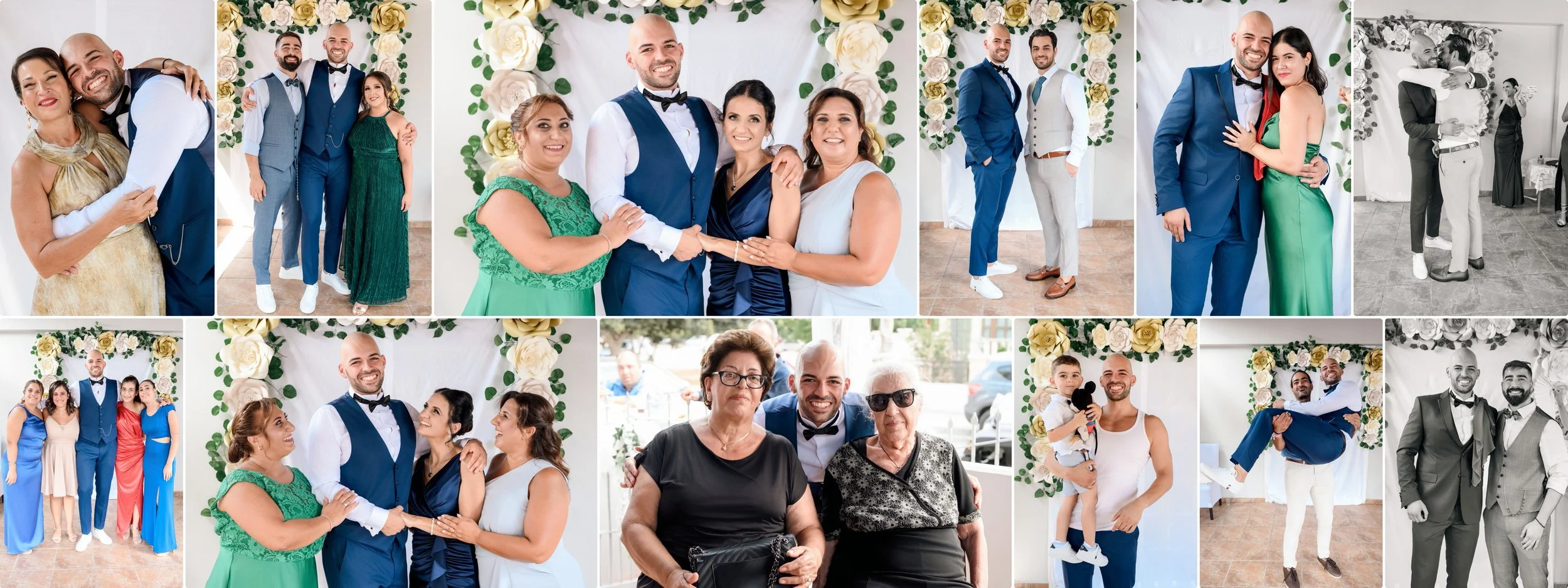 Group photos from a wedding celebration, featuring various guests, a couple, and group portraits with floral decorations and formal attire.