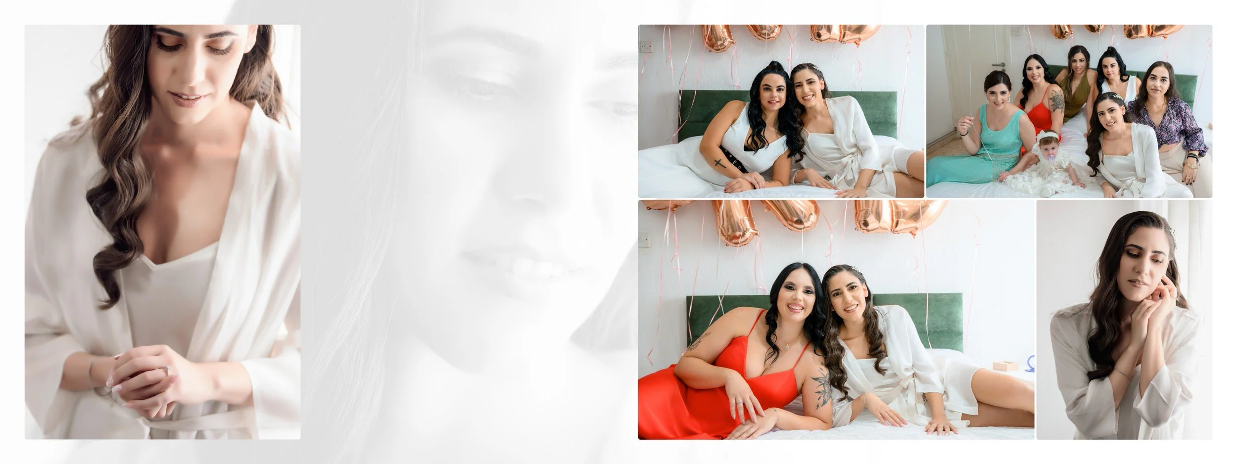 Collage of women at a celebration. Top right features two women with dark hair smiling on a bed with roses and balloons in the background. Next to it, a group of six women and a girl wearing dress and sitting on a bed with balloons in the background.