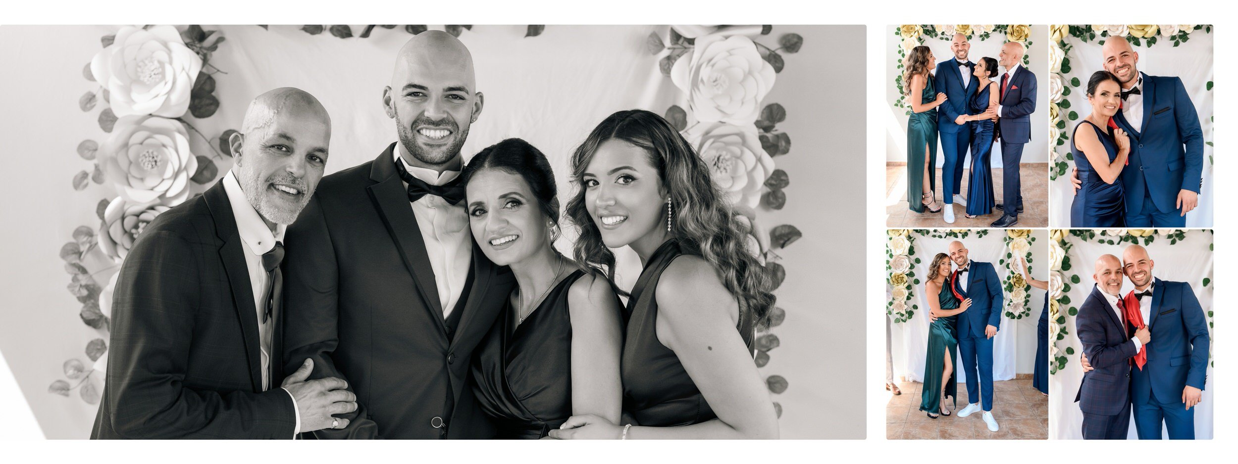 Group of people dressed in formal attire at a wedding or celebration, posing in front of a floral backdrop, with one main black-and-white photo on the left and four smaller color photos on the right.